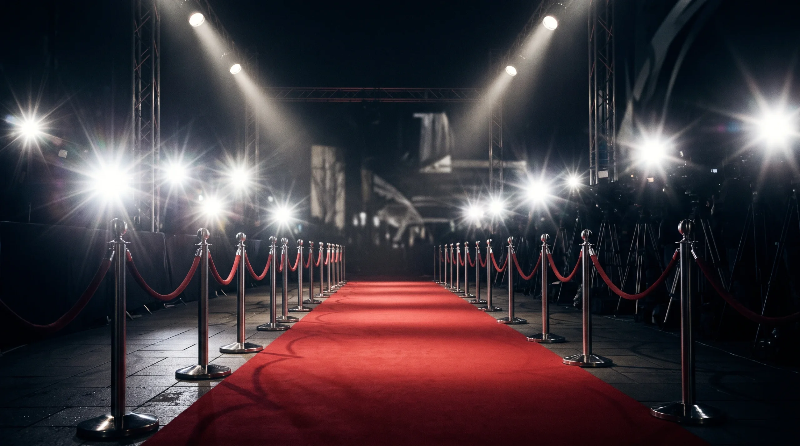 A wide shot of a red carpet event with bright spotlights and camera flashes.