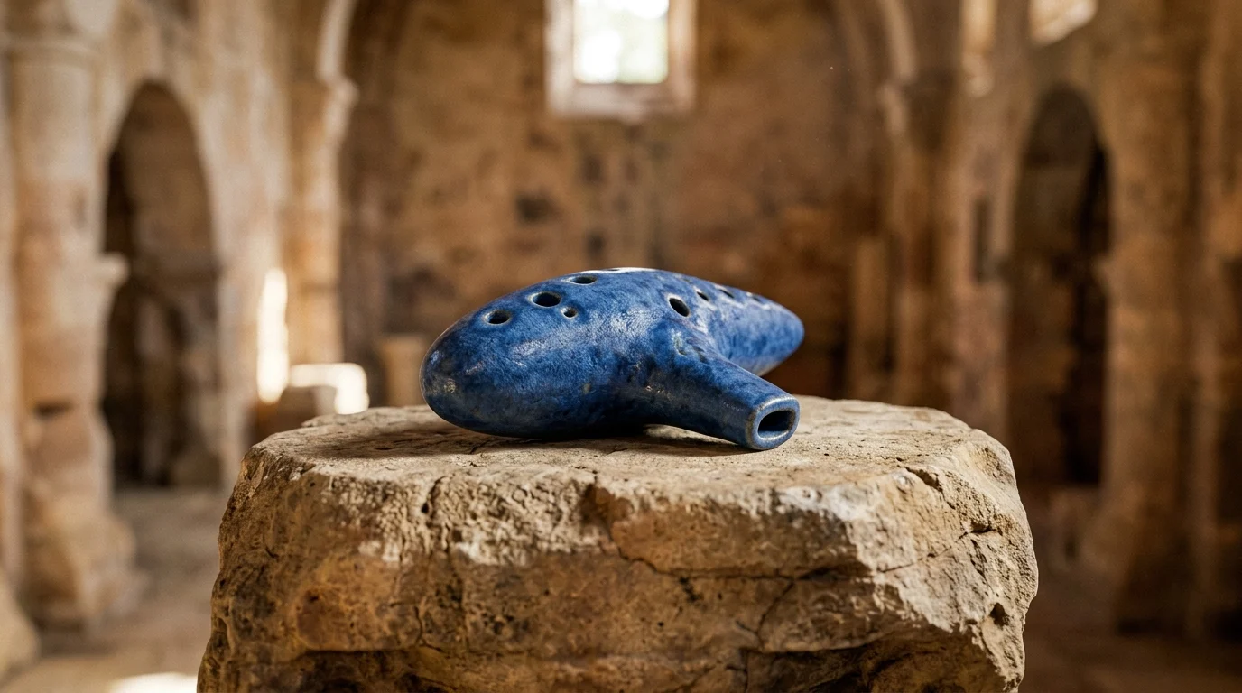 A blue ceramic wind instrument on a stone pedestal.