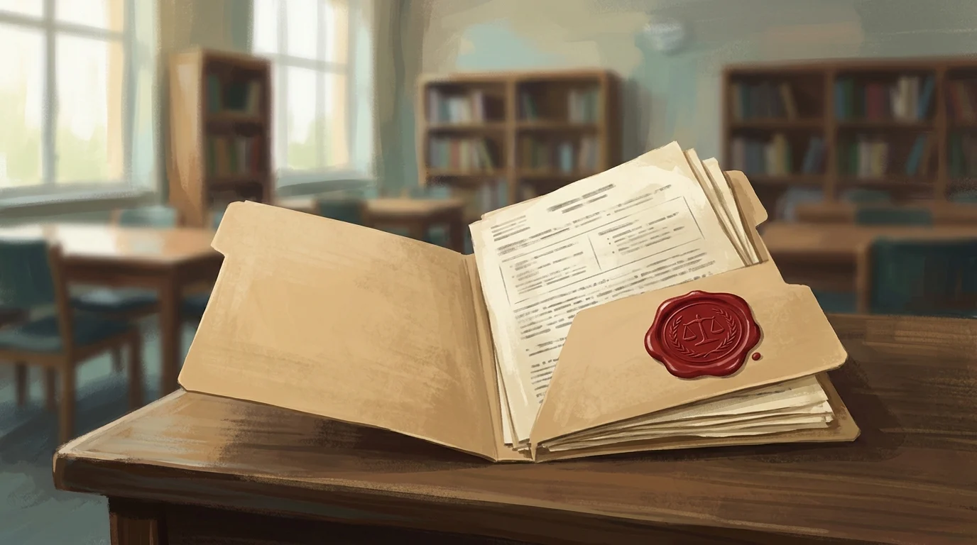 A conceptual image of a file and seal representing school assessments.