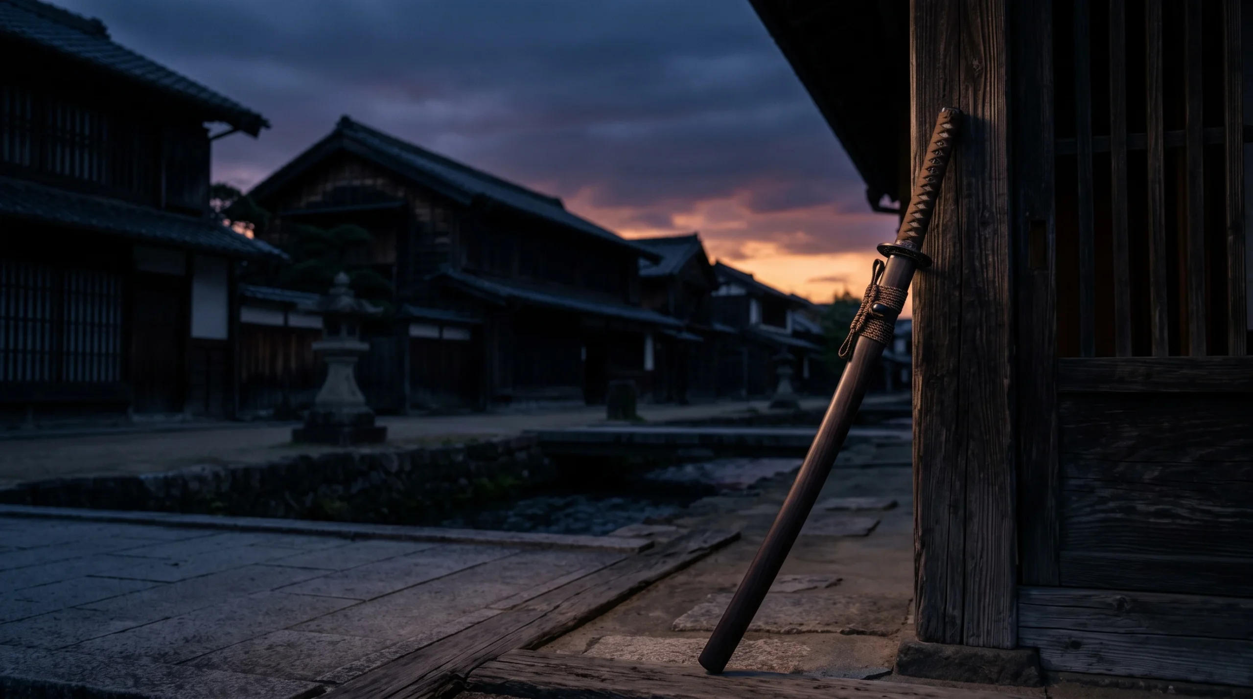A conceptual illustration of a samurai sword against an Edo-era background.
