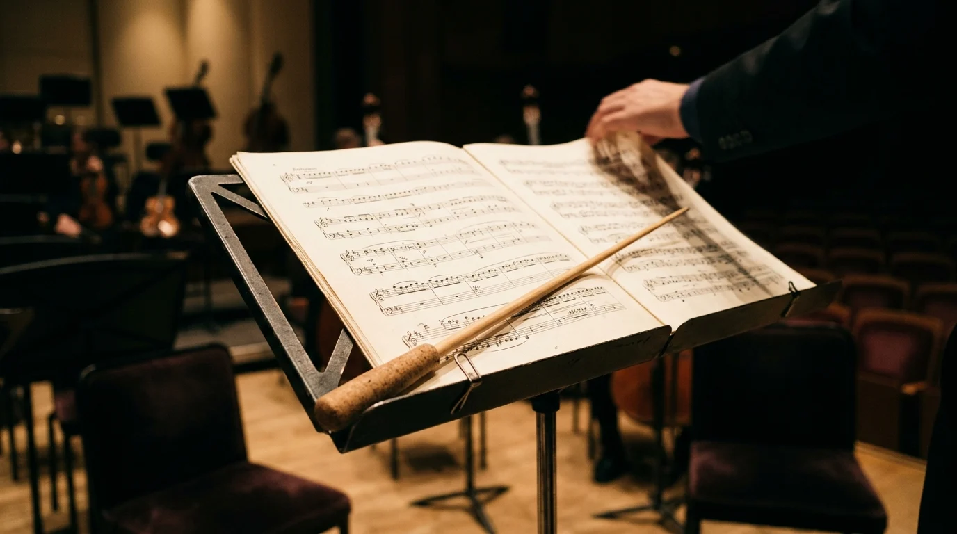 Orchestral sheet music and a conductor's baton on a stage.