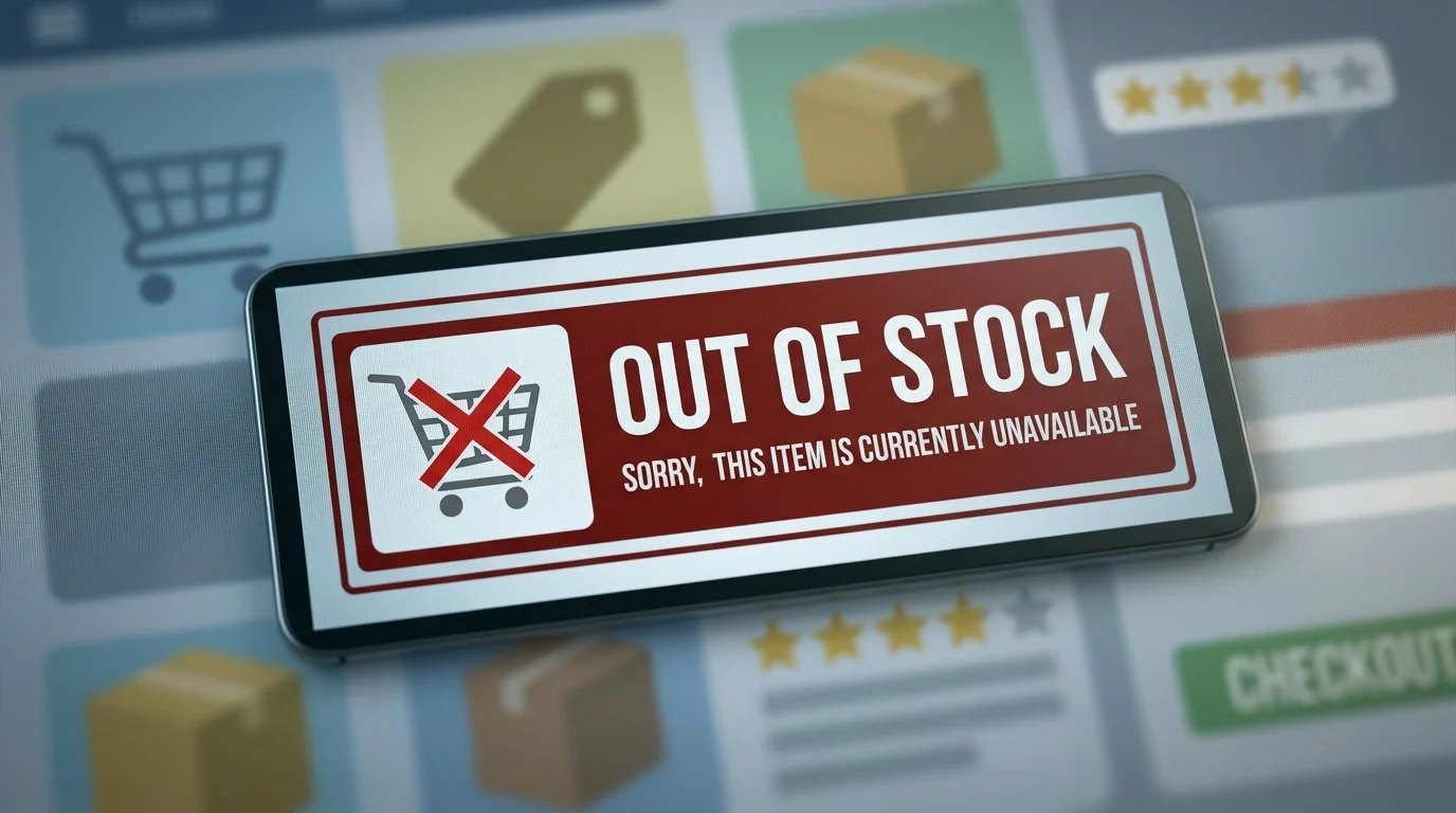 A generic digital screen showing an out of stock notification.