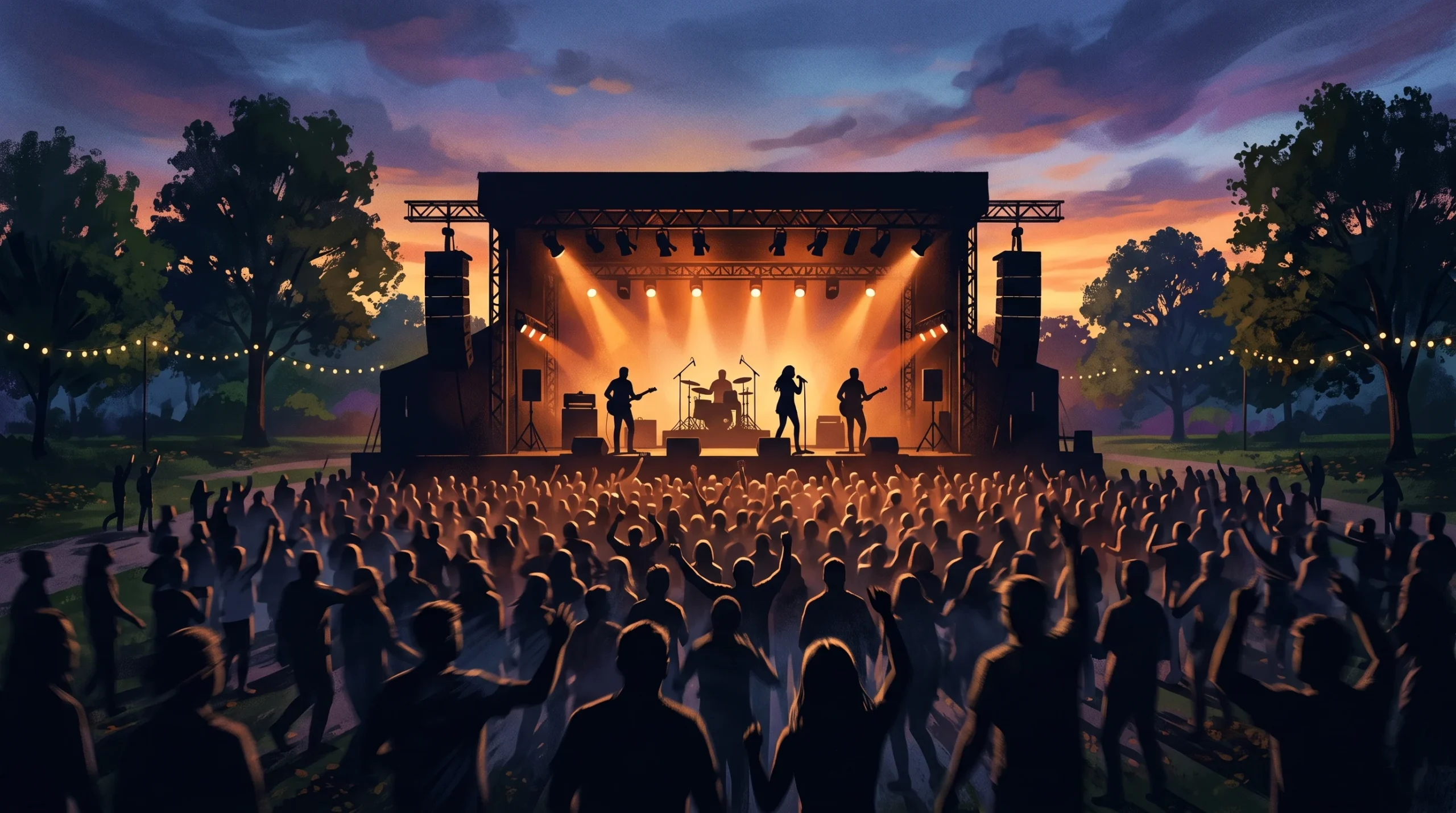A conceptual illustration of an outdoor music festival at dusk in a park.