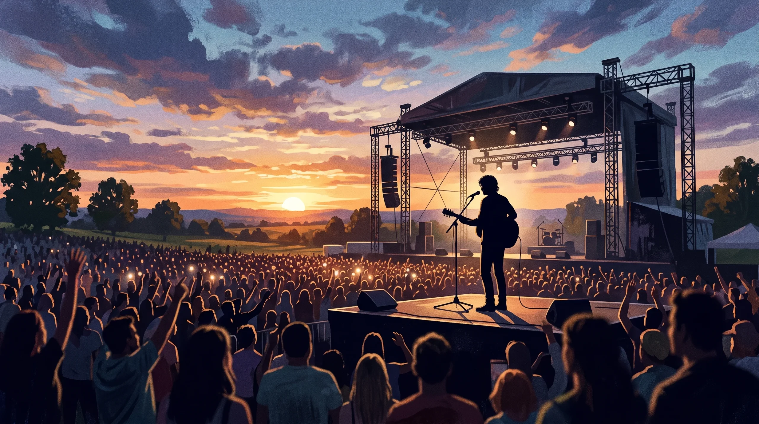 A silhouette of a performer on an outdoor stage at sunset.