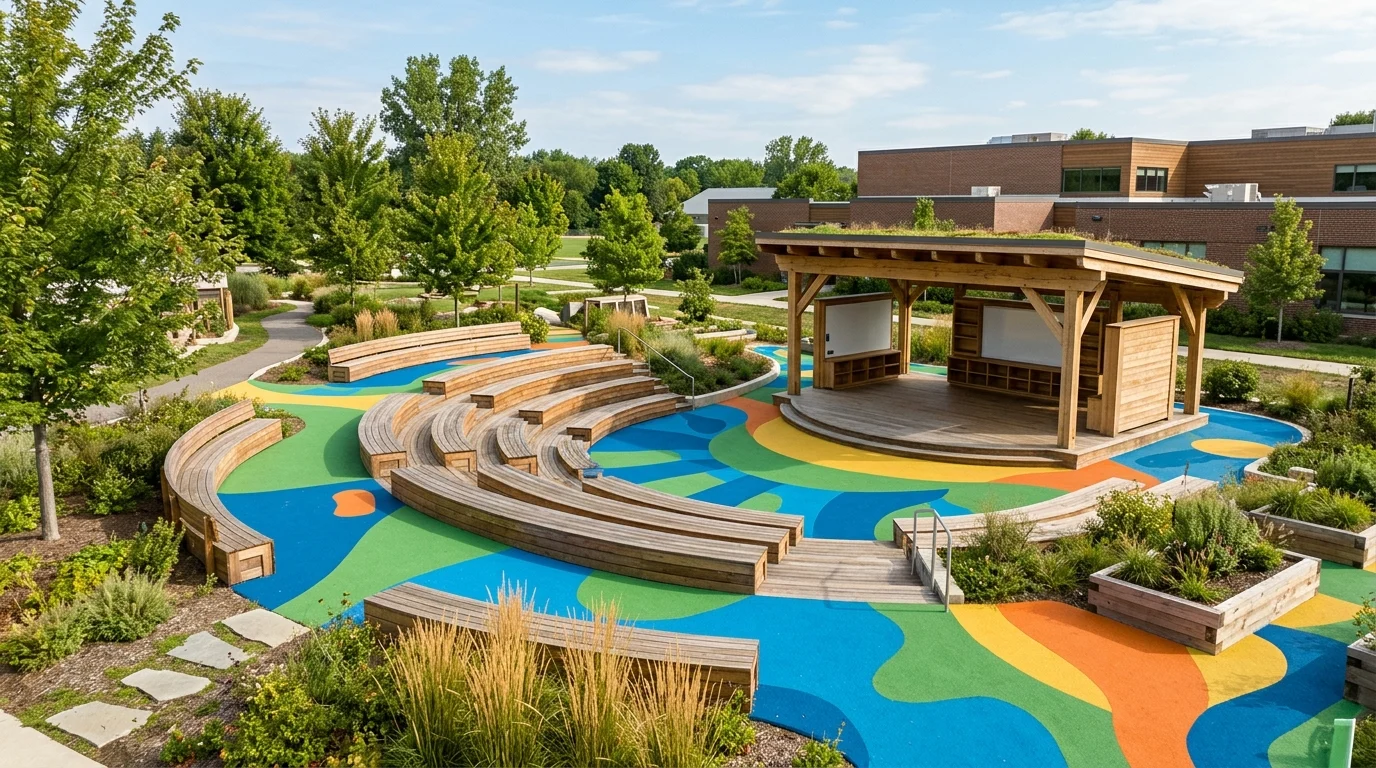 A new outdoor learning and play area with wooden features.