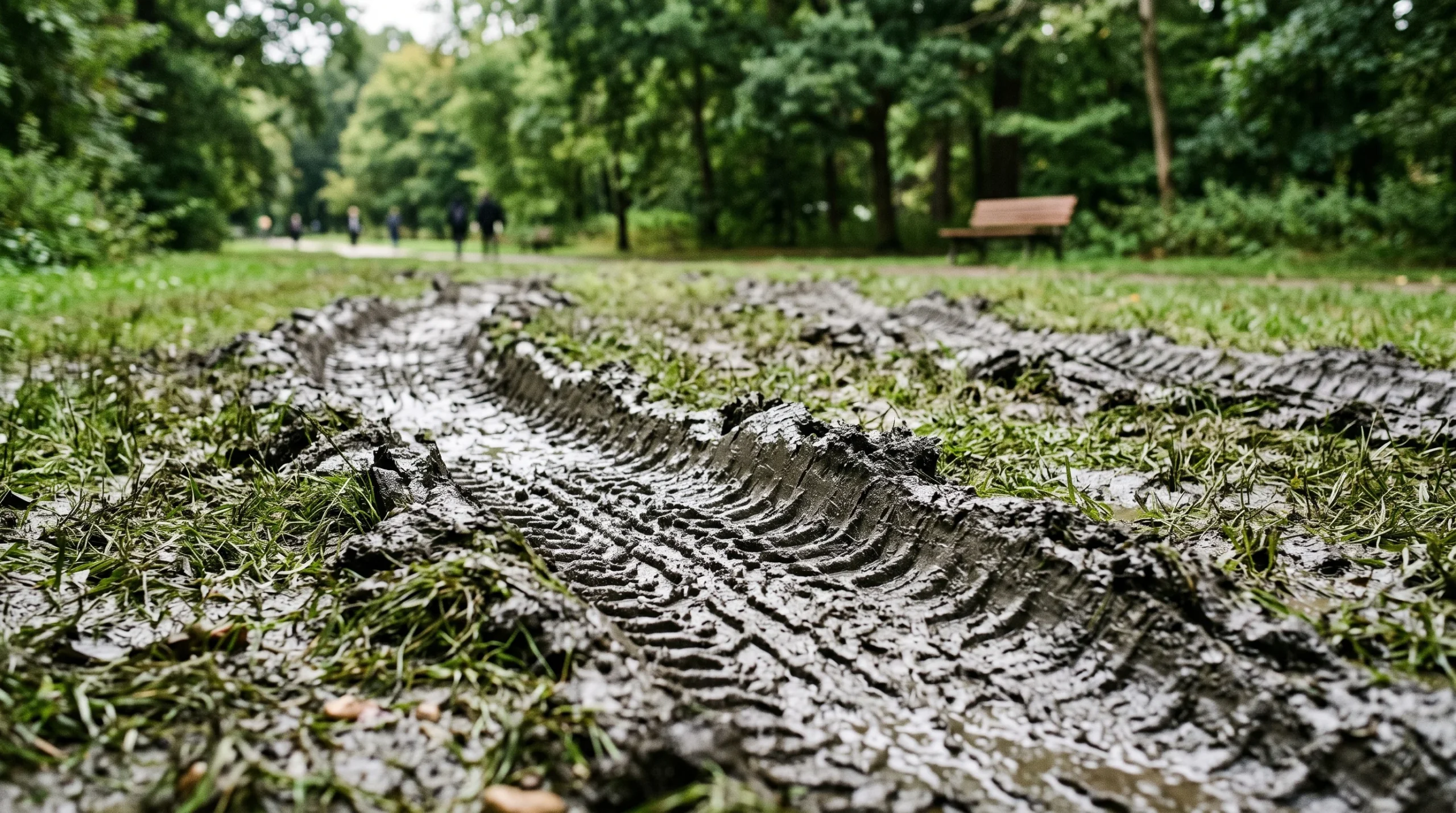 Deep tyre tracks in muddy grass in a public park.