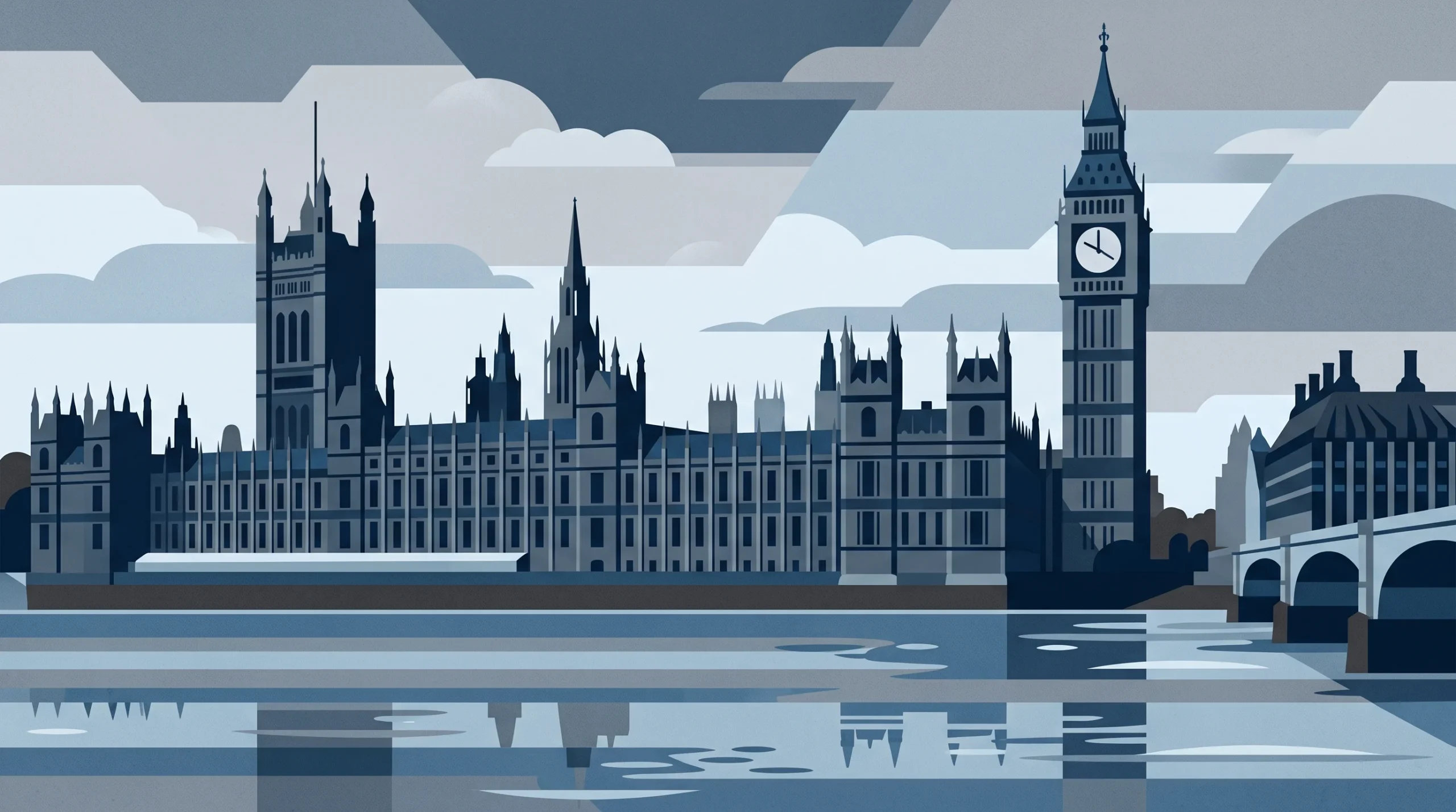A minimalist abstract illustration of the Houses of Parliament.