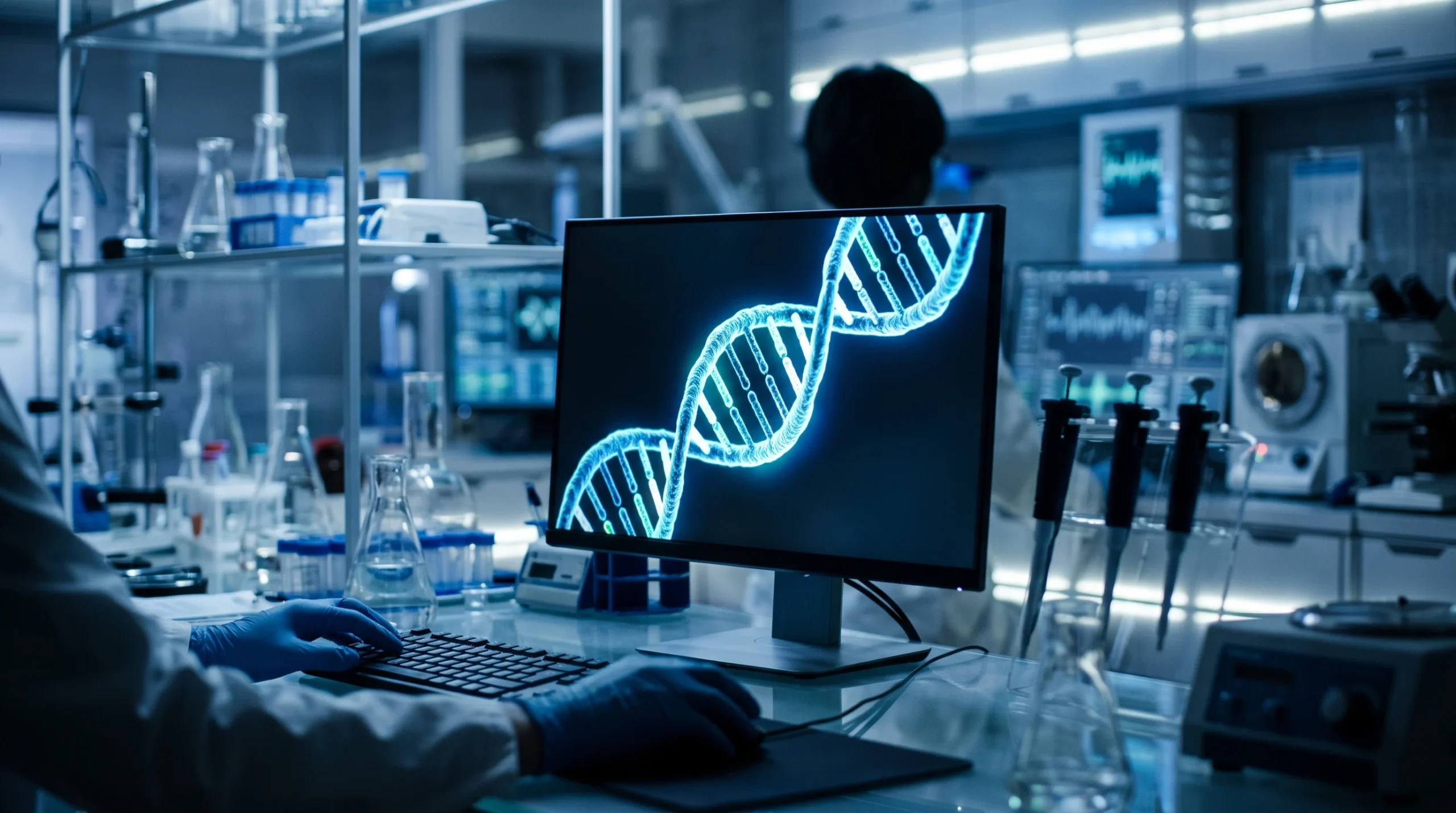 A digital representation of a DNA strand on a monitor in a laboratory.