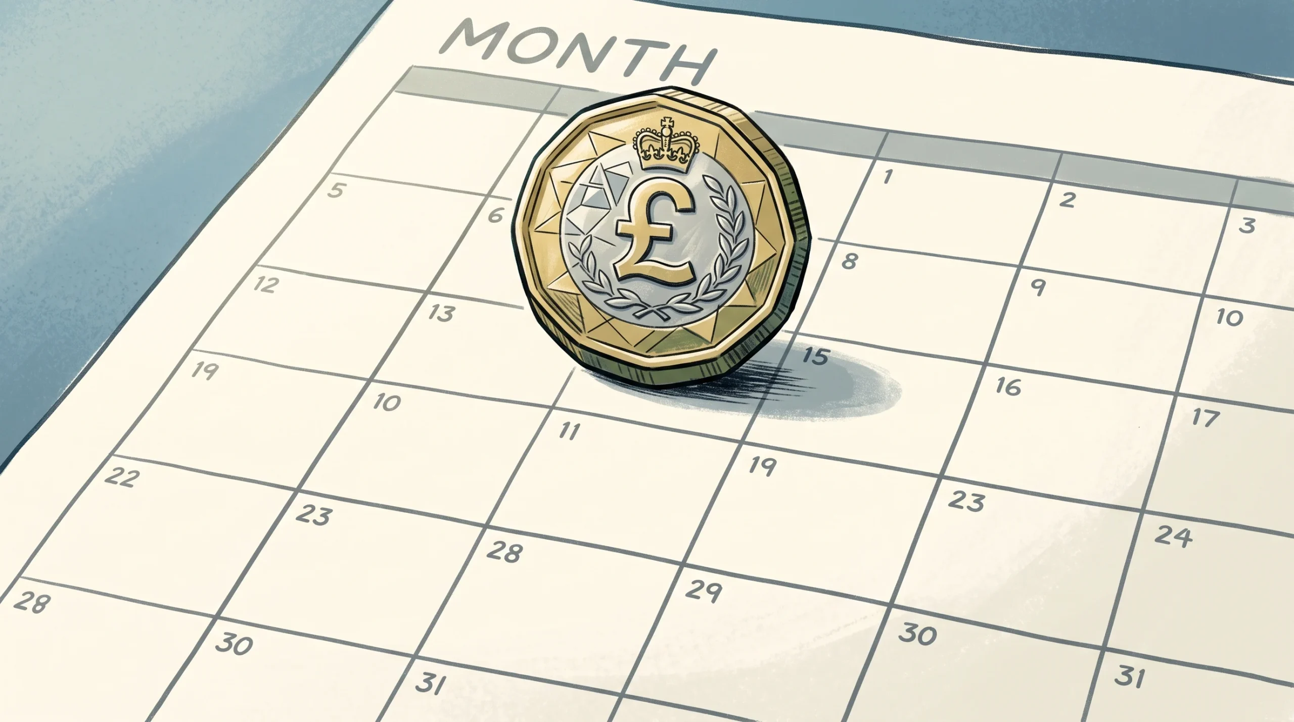 A conceptual illustration of a UK coin on a calendar representing pension increases.