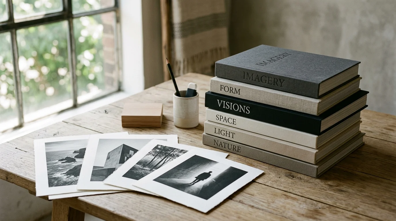 A stack of photography books in a bright studio setting