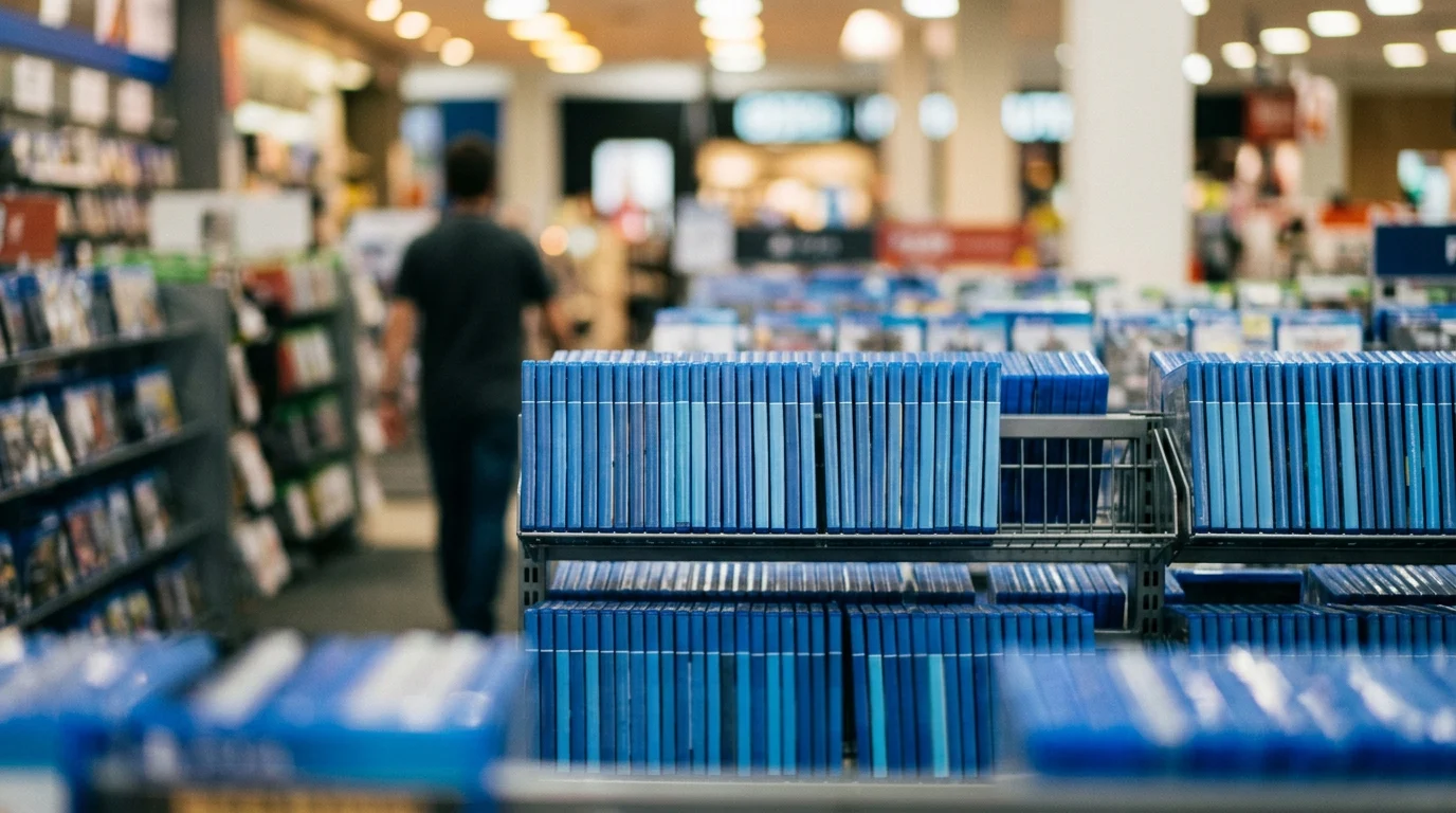 Blurred rows of video game cases on a shelf.