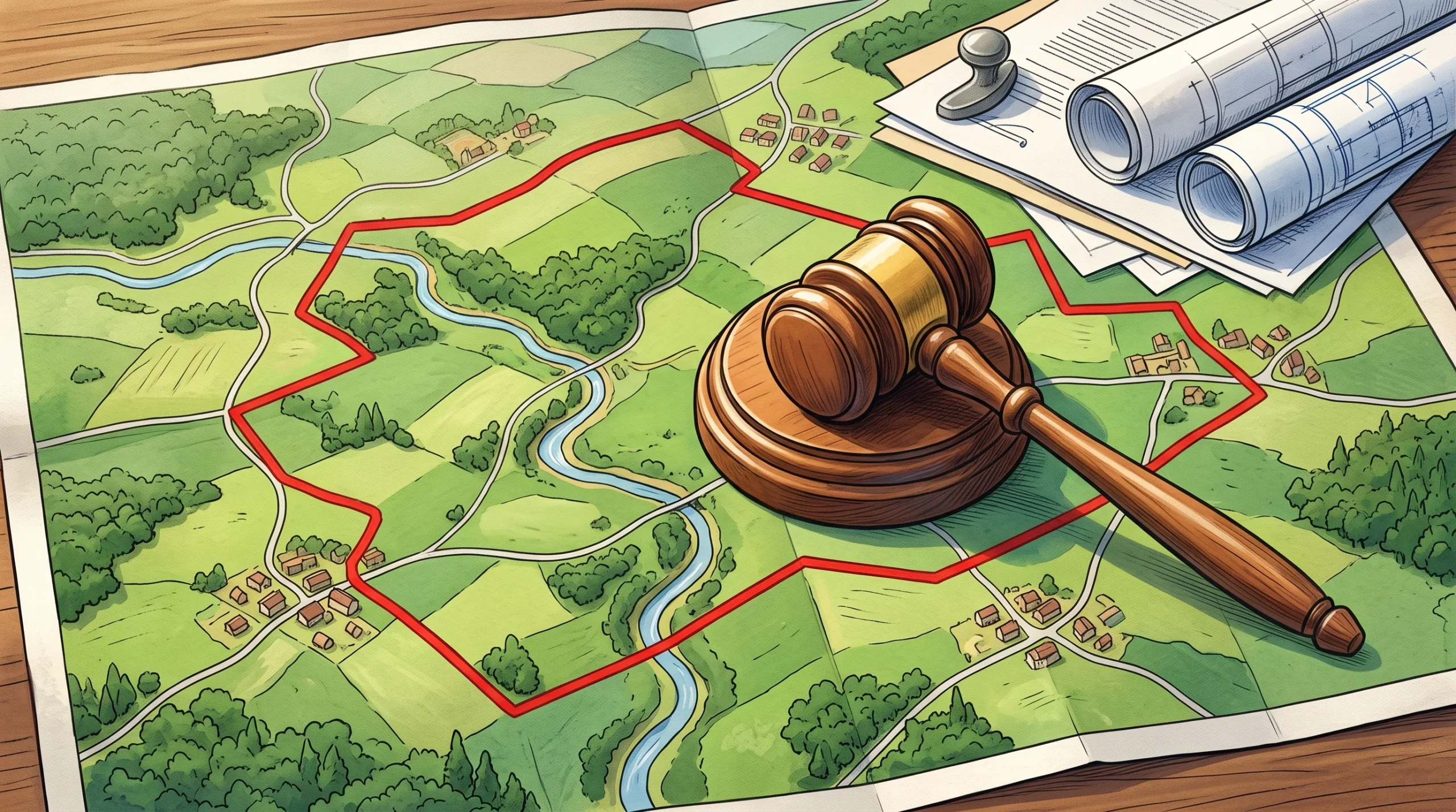 A conceptual illustration of a gavel on a map representing planning law