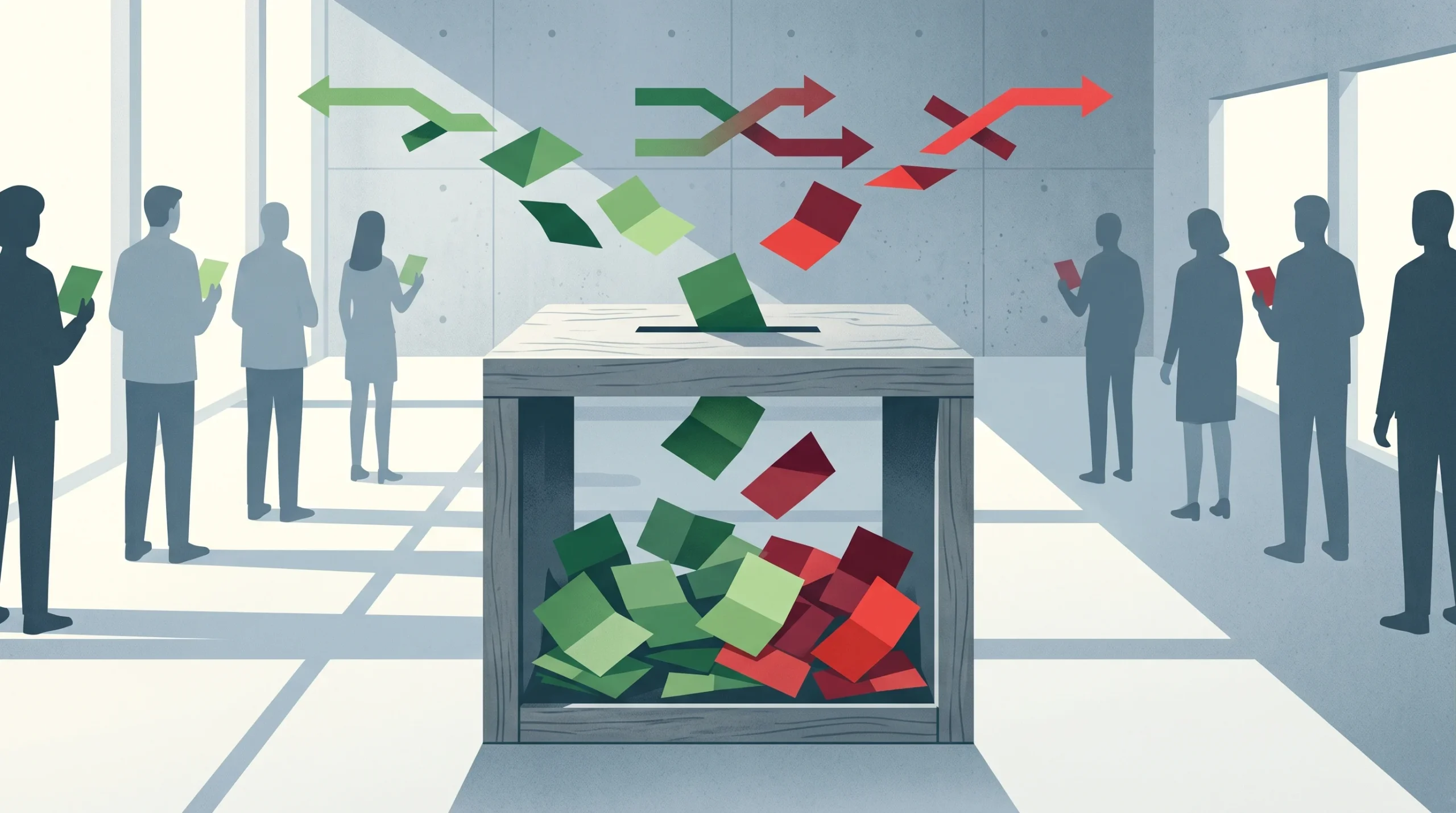 A close-up of a ballot box with green and red papers