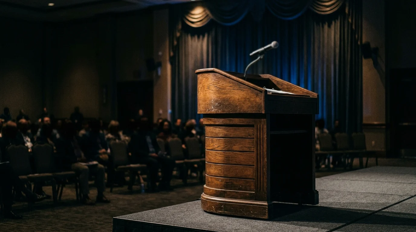 A conceptual image of a podium in a conference hall.