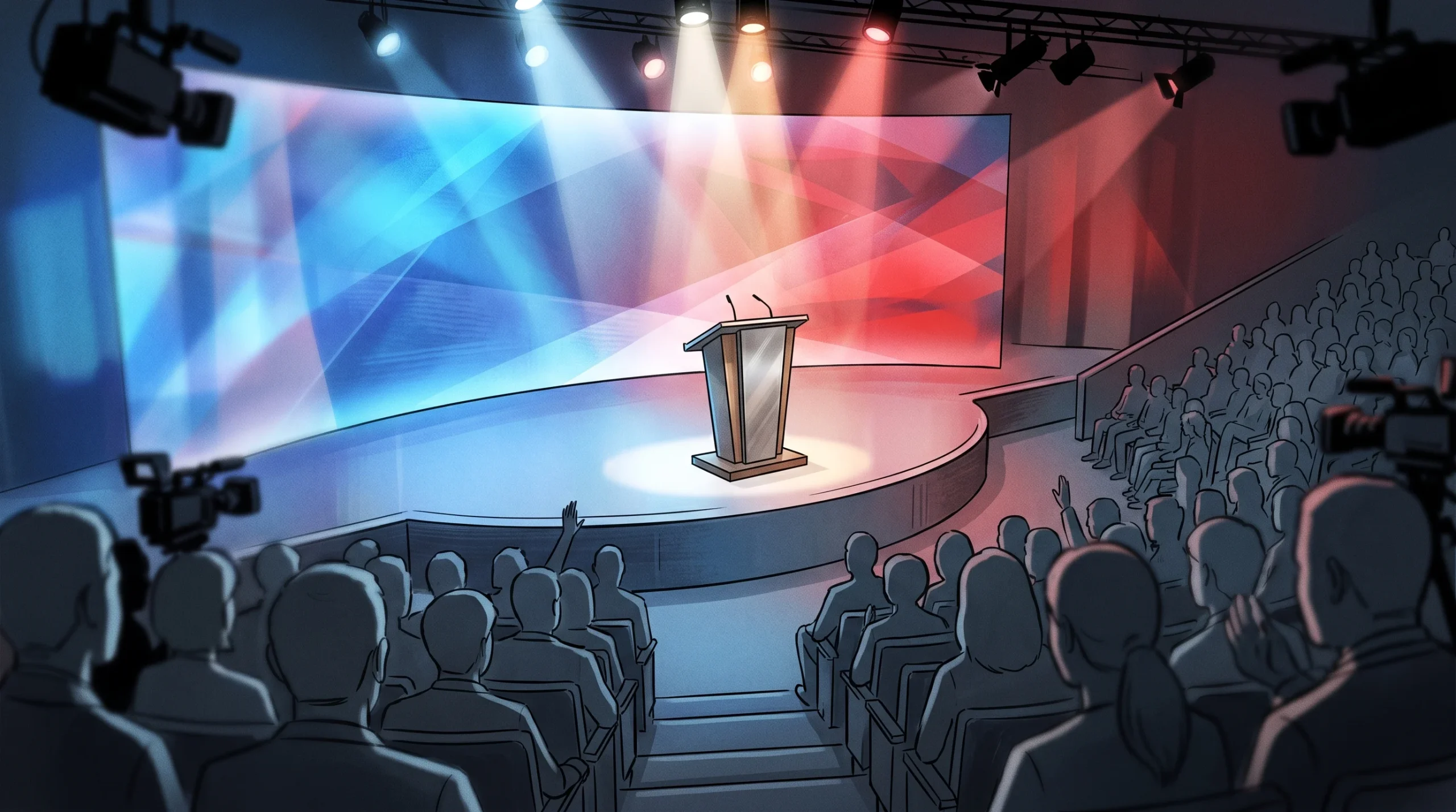 A conceptual view of a political conference stage with a lectern.