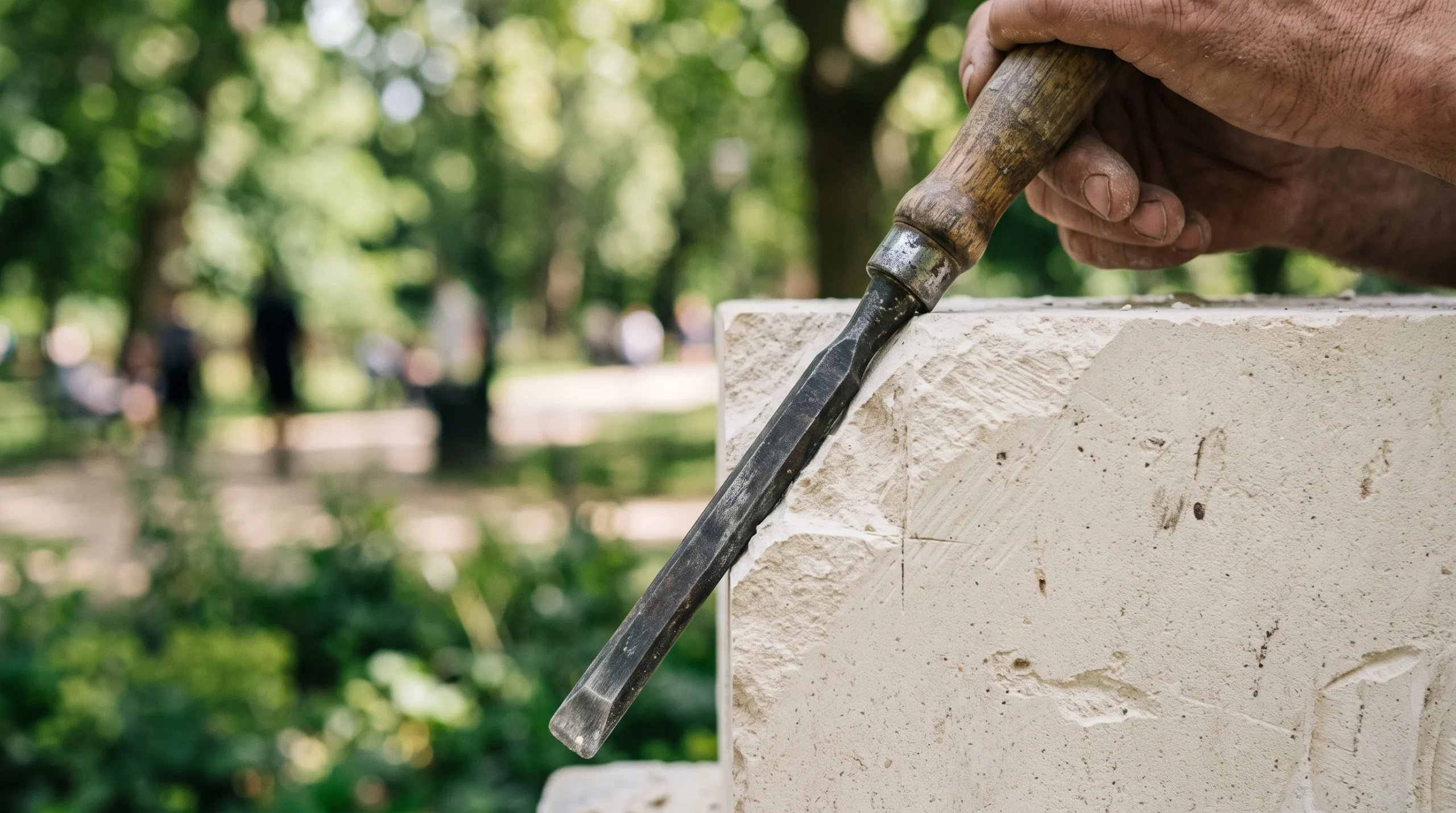 A stonemason's chisel resting against a block of Portland stone.