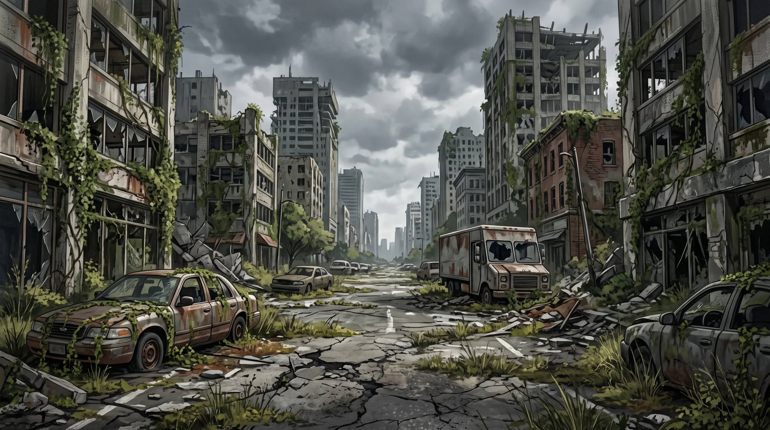 A conceptual illustration of a deserted and overgrown urban street after a catastrophe.