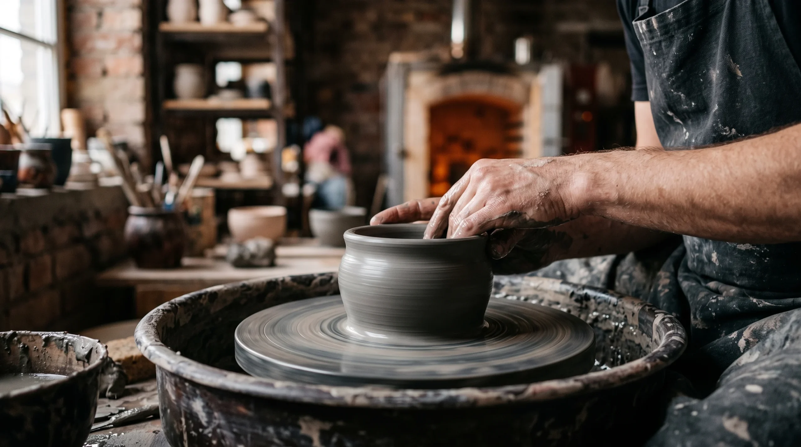 A potter's hands shaping wet clay on a spinning wheel in a workshop.