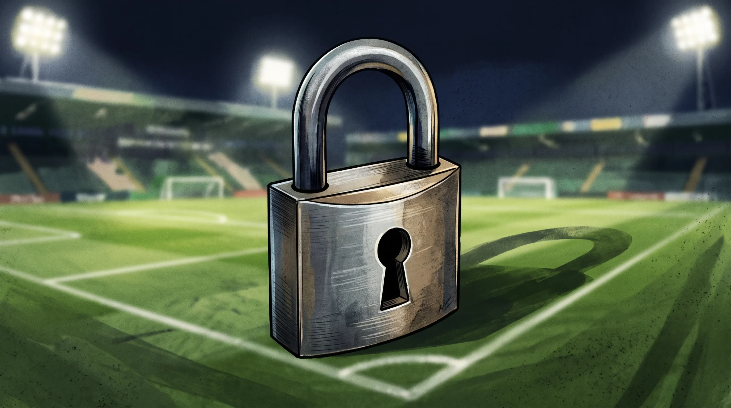 A conceptual illustration of a padlock over a football pitch representing a legal freeze.