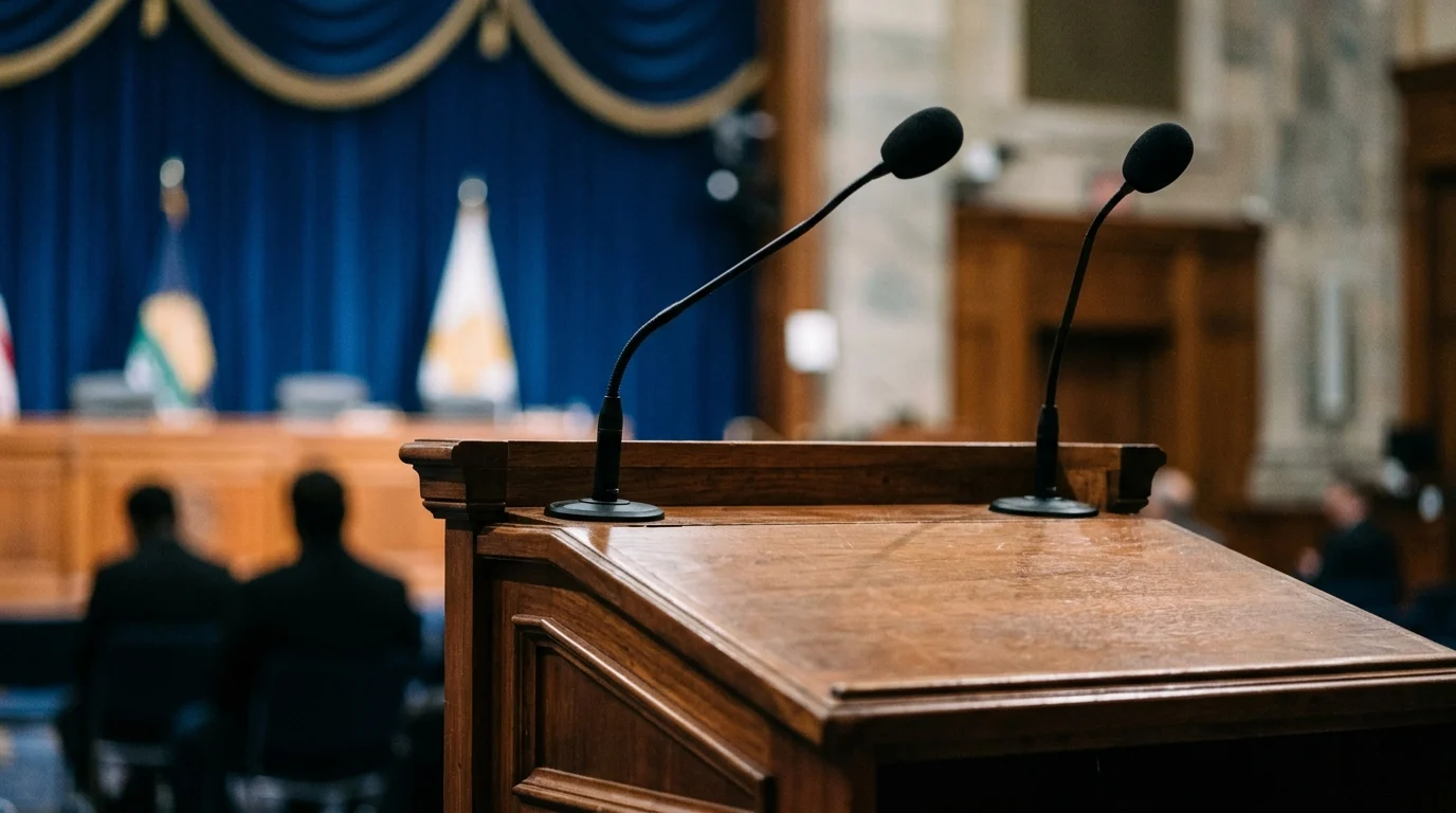 A close-up of a podium and microphones in a formal setting.