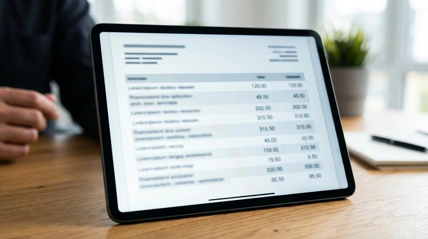 A tablet showing a blurred price list to represent financial transparency.