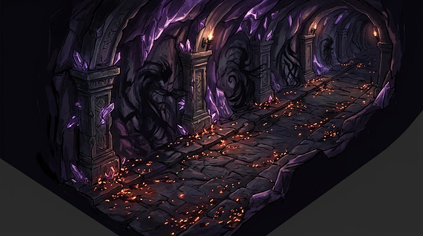 A conceptual isometric view of a dark dungeon corridor with embers.