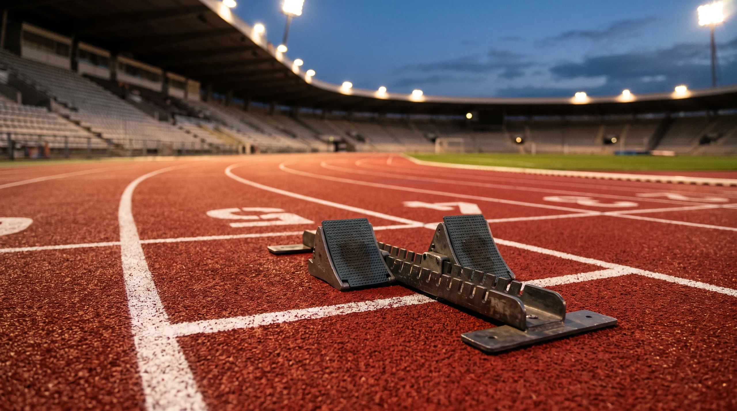 A close-up of starting blocks on a running track under stadium lights.