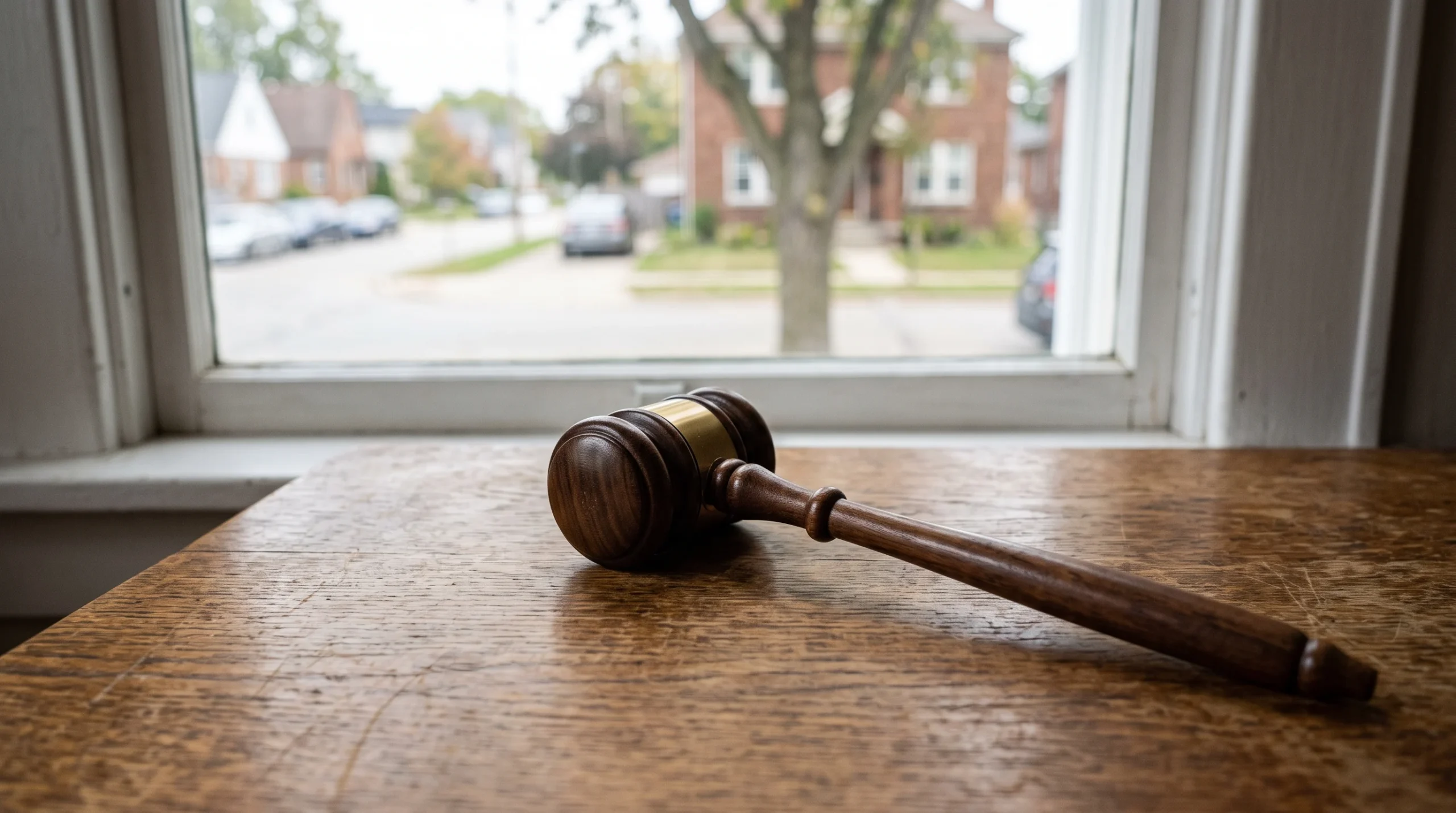 An auction gavel resting on a table with a blurred residential background.