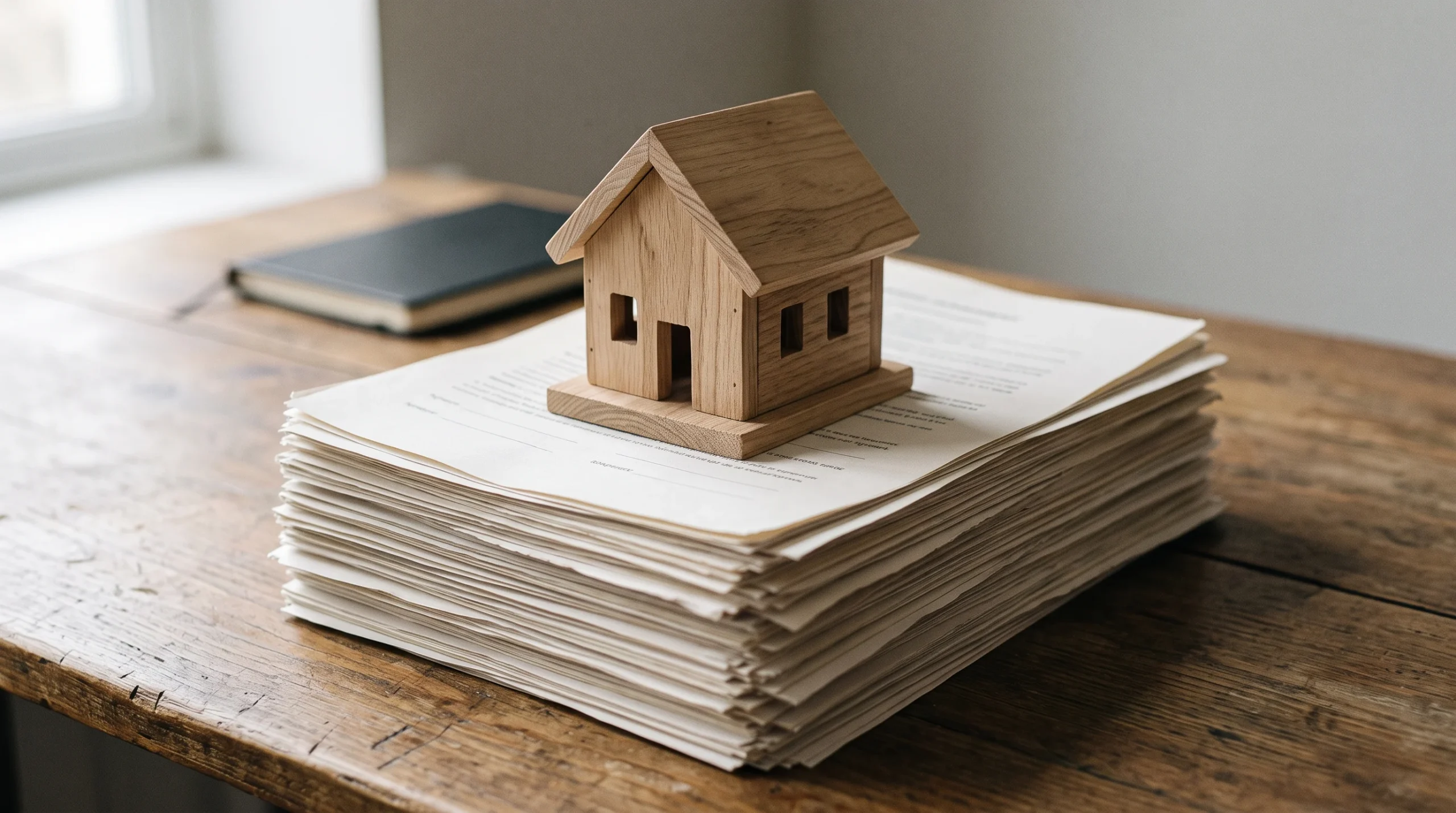 A wooden house model on top of document stacks.