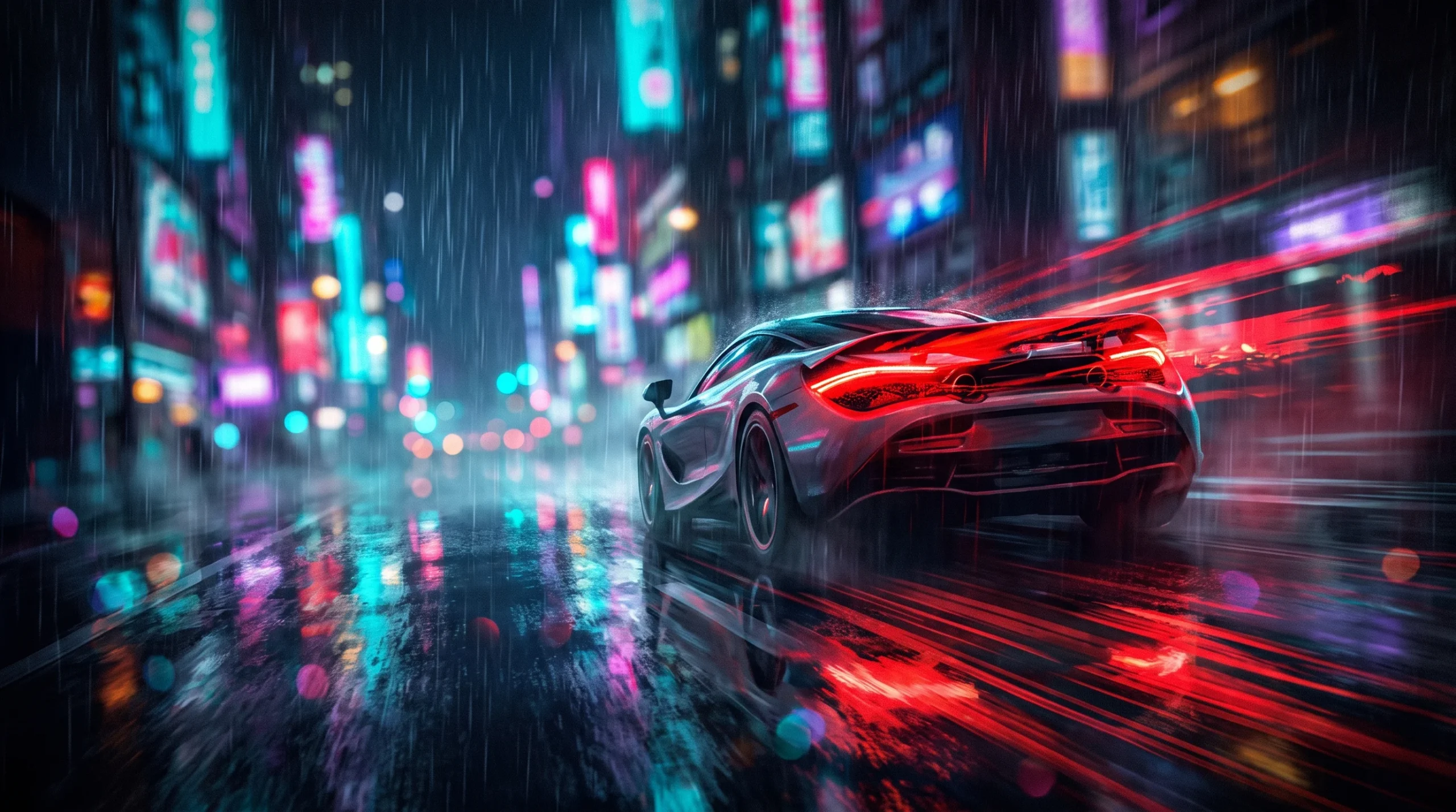 A conceptual illustration of a sports car at night in a neon city