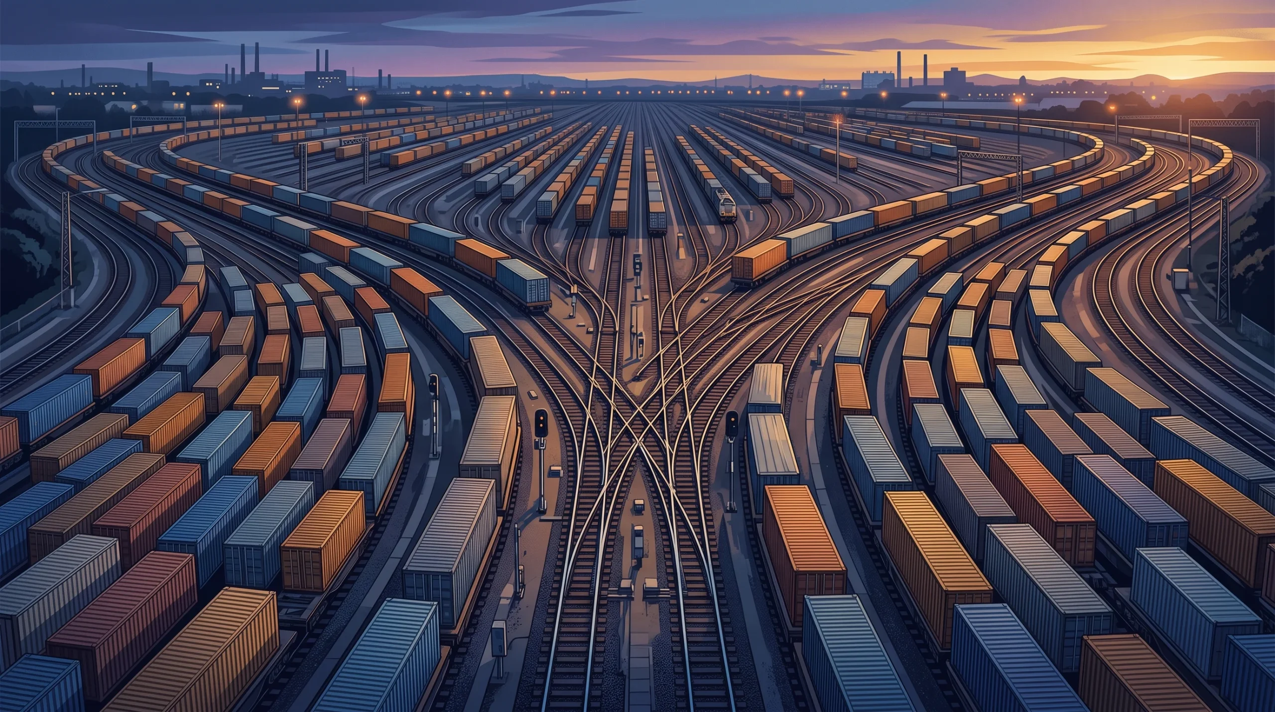 Conceptual illustration of freight train containers on a railway junction.