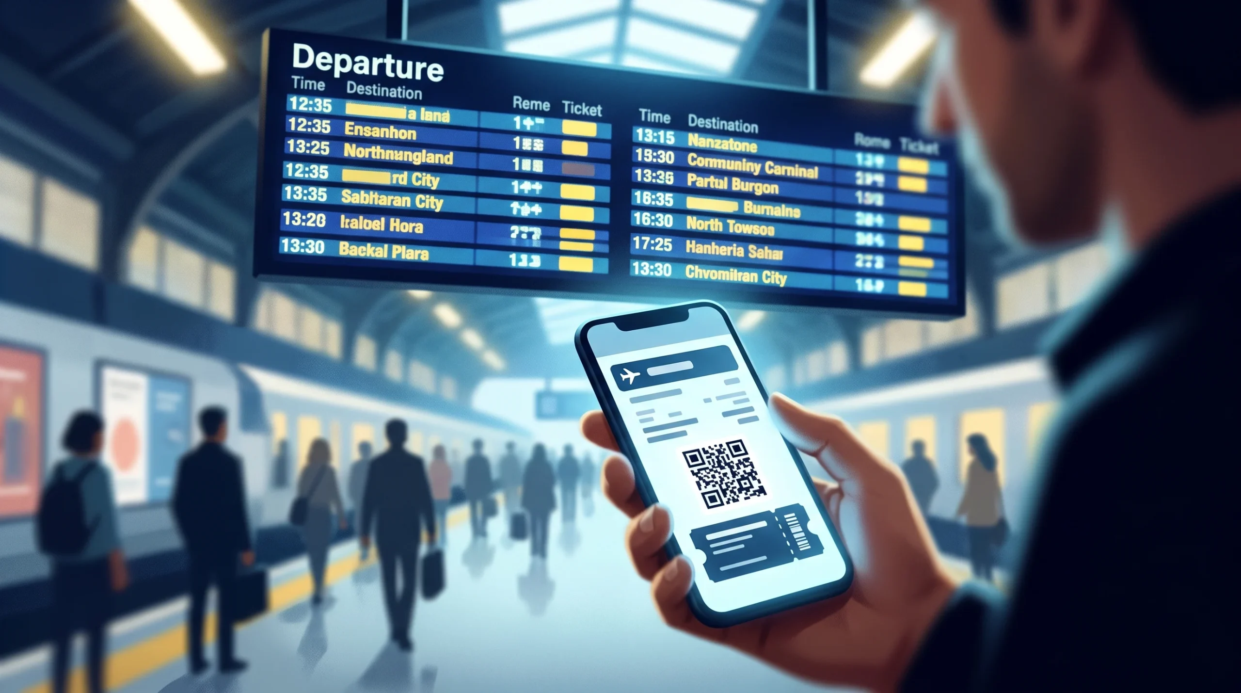 A generic train station departure board and a smartphone showing a digital ticket.
