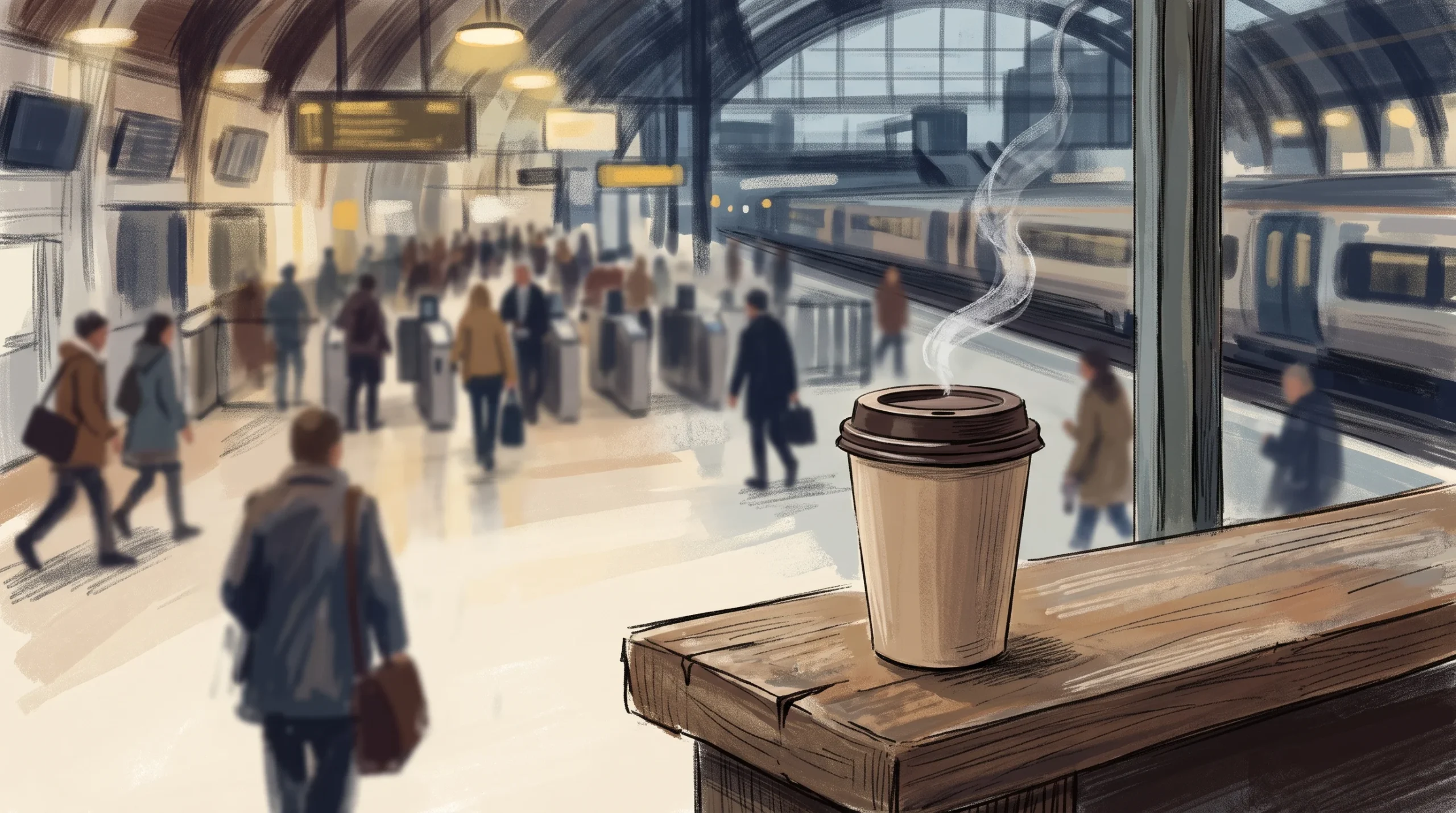 A steaming unbranded takeaway coffee cup at a busy railway station.
