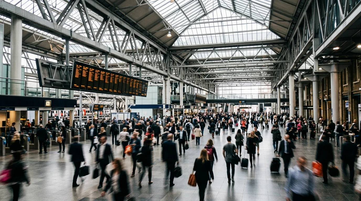 A busy railway station concourse with motion-blurred passengers.