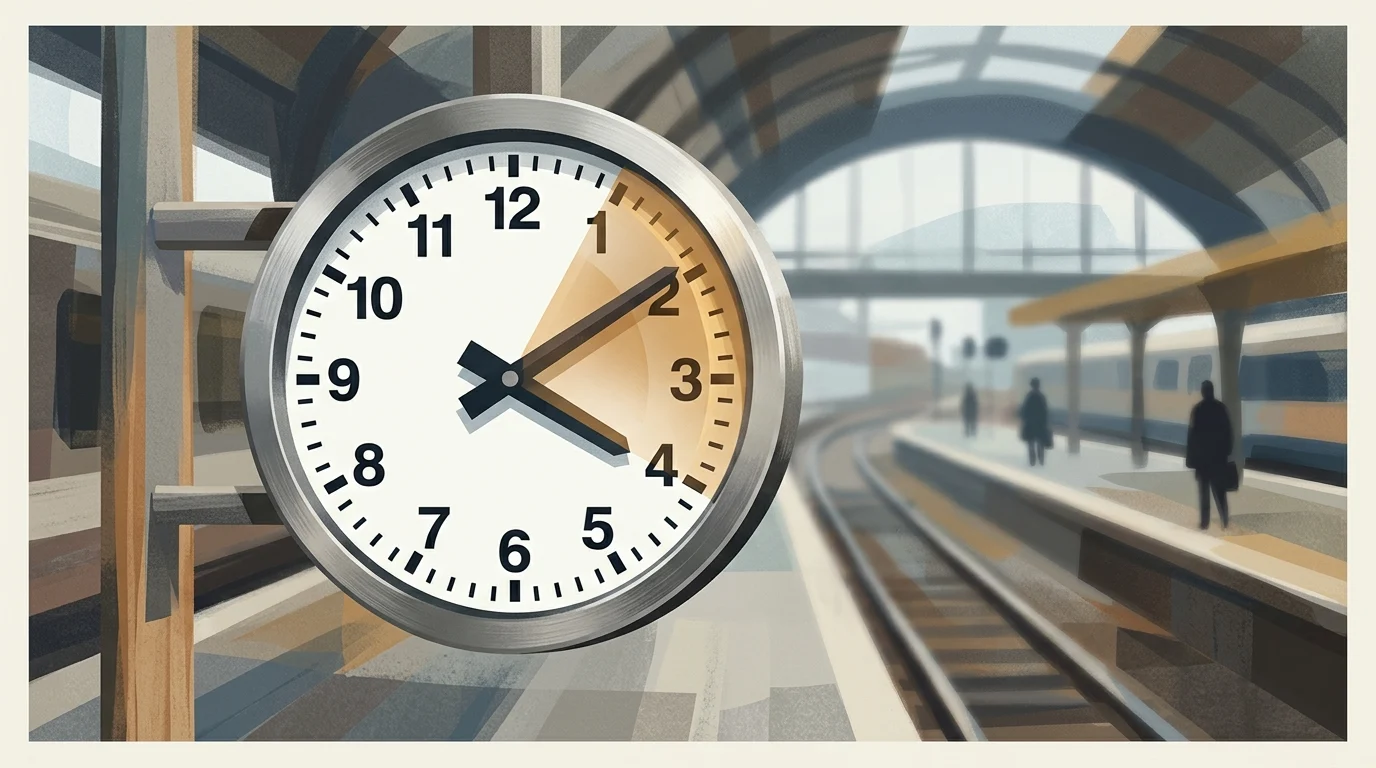 A station clock highlighting a two-hour window on a platform.