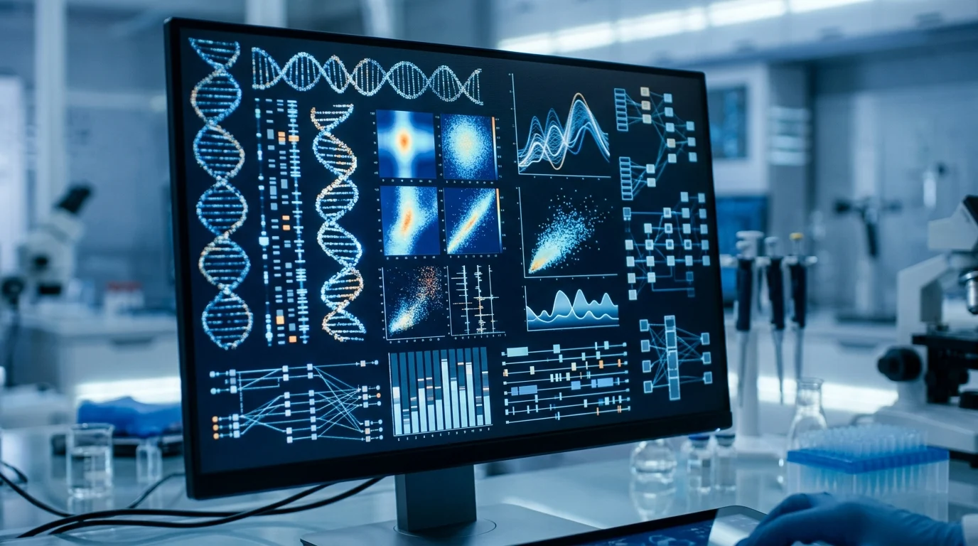 Abstract visualization of genetic data on a medical screen.
