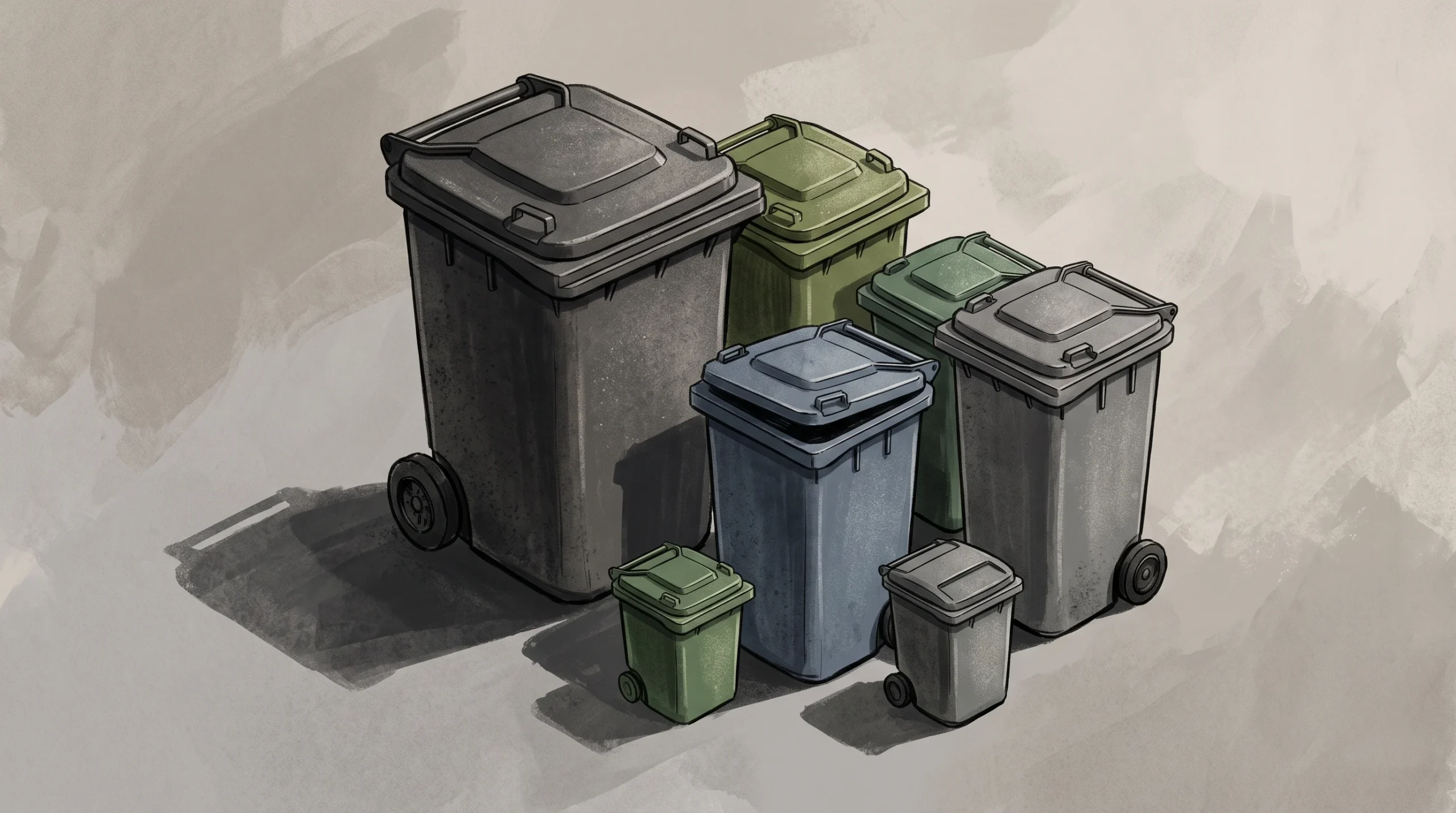 A group of generic plastic wheelie bins of various sizes.