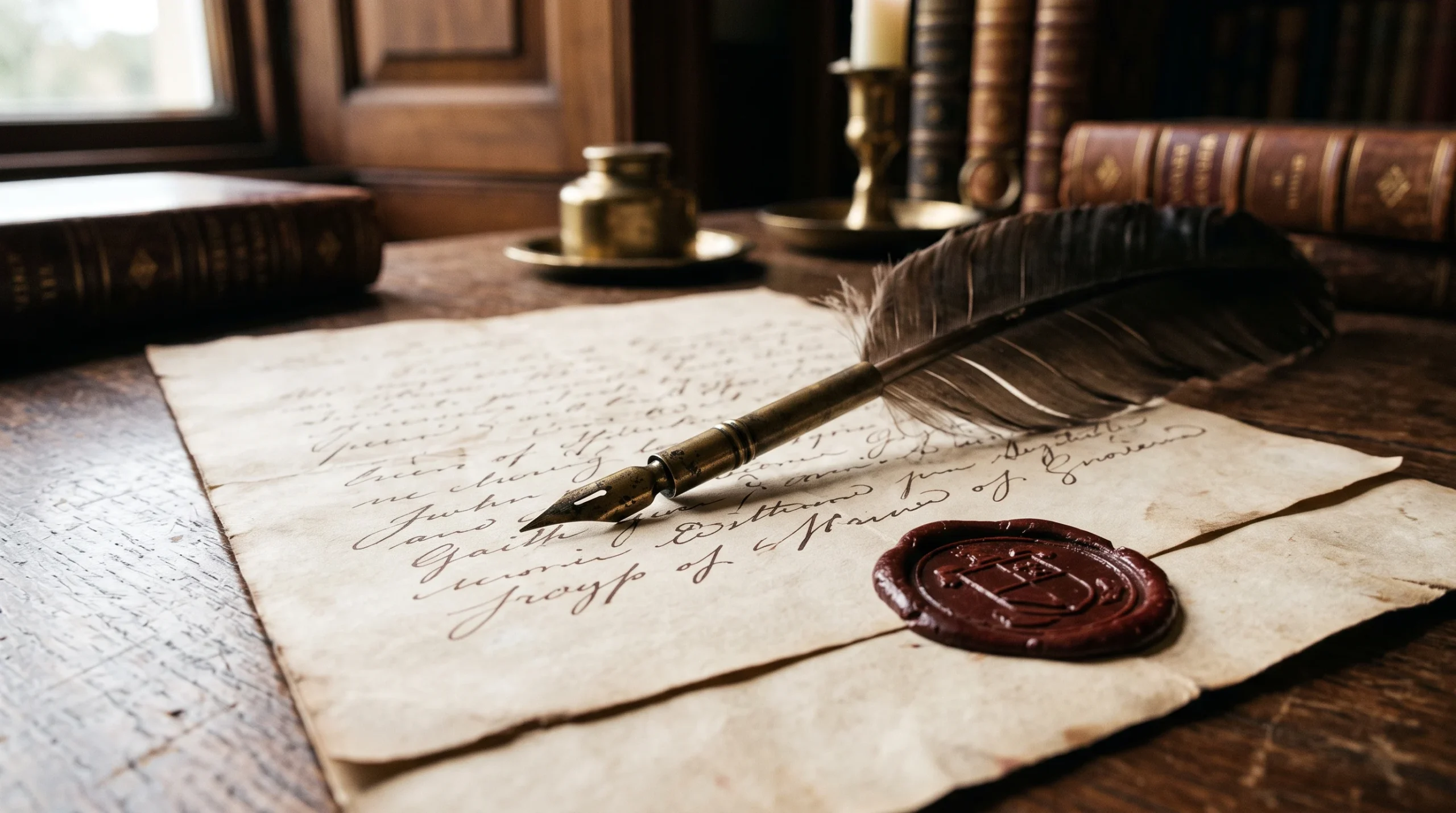 A quill pen on a handwritten letter representing Regency-era communication.