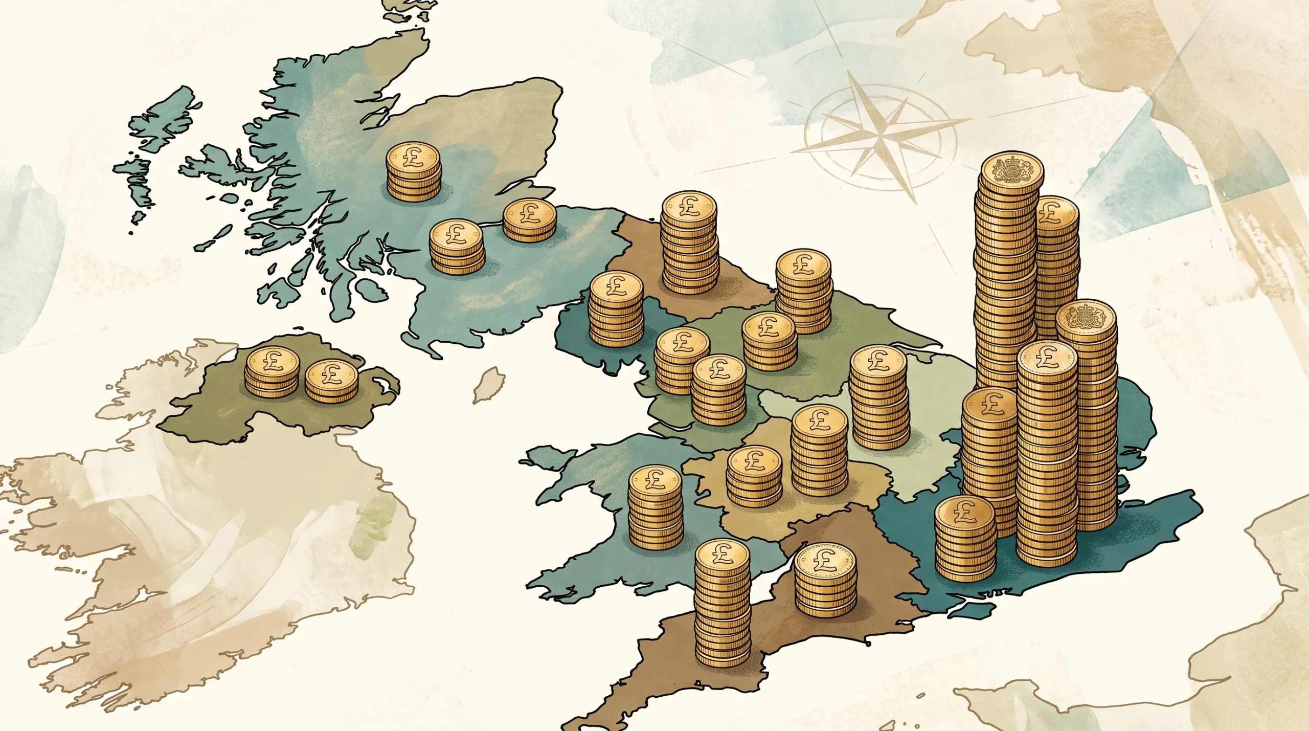 Conceptual illustration showing stacks of pound coins on a UK map representing regional tax differences.