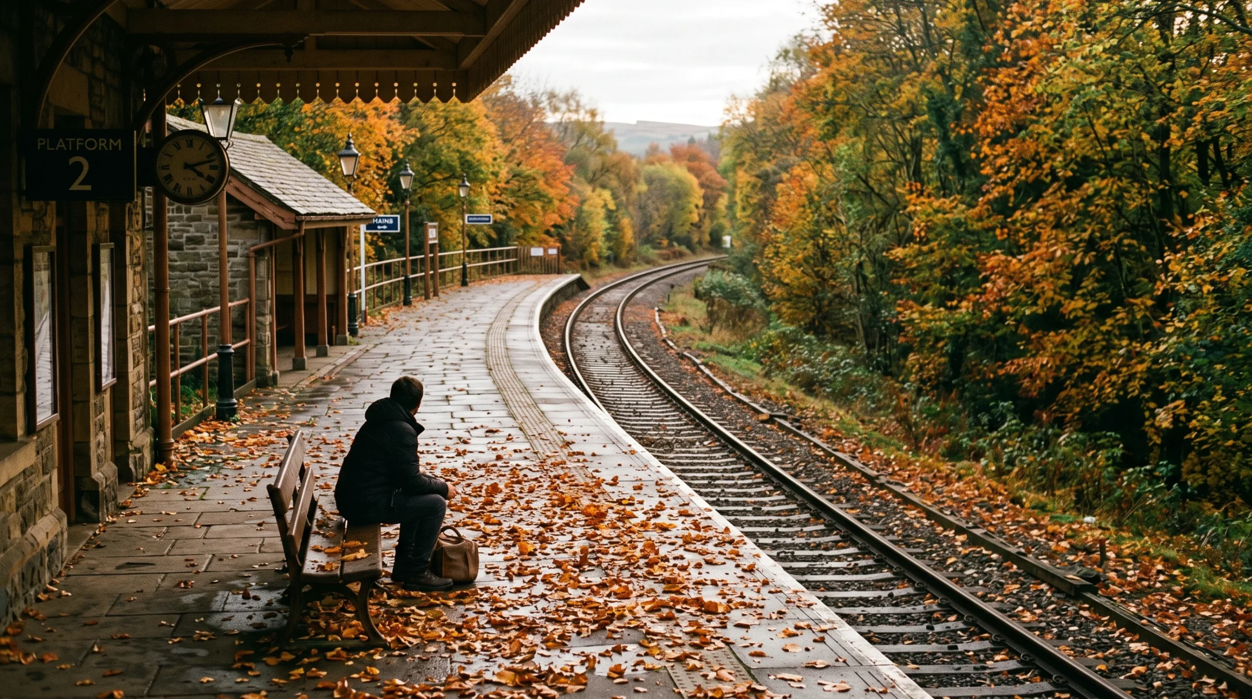 A quiet railway platform in the morning light with autumn leaves.