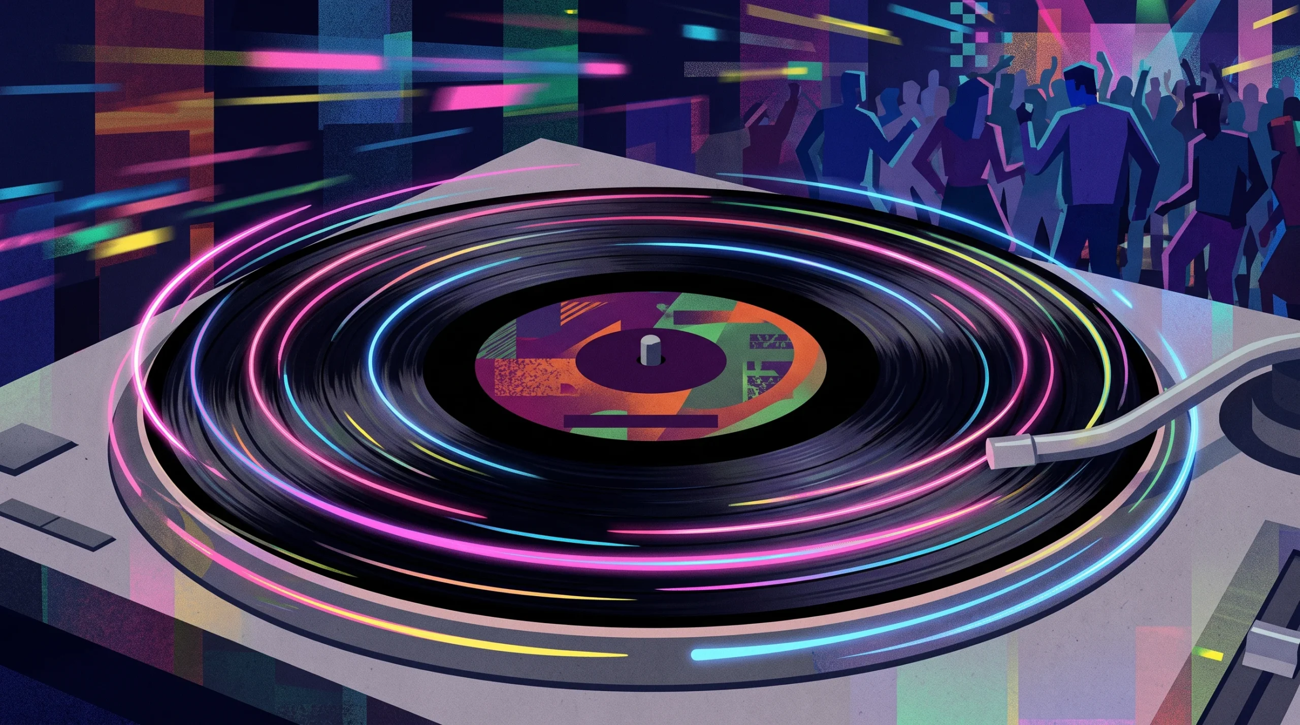 A conceptual illustration of a vinyl record with neon light trails.
