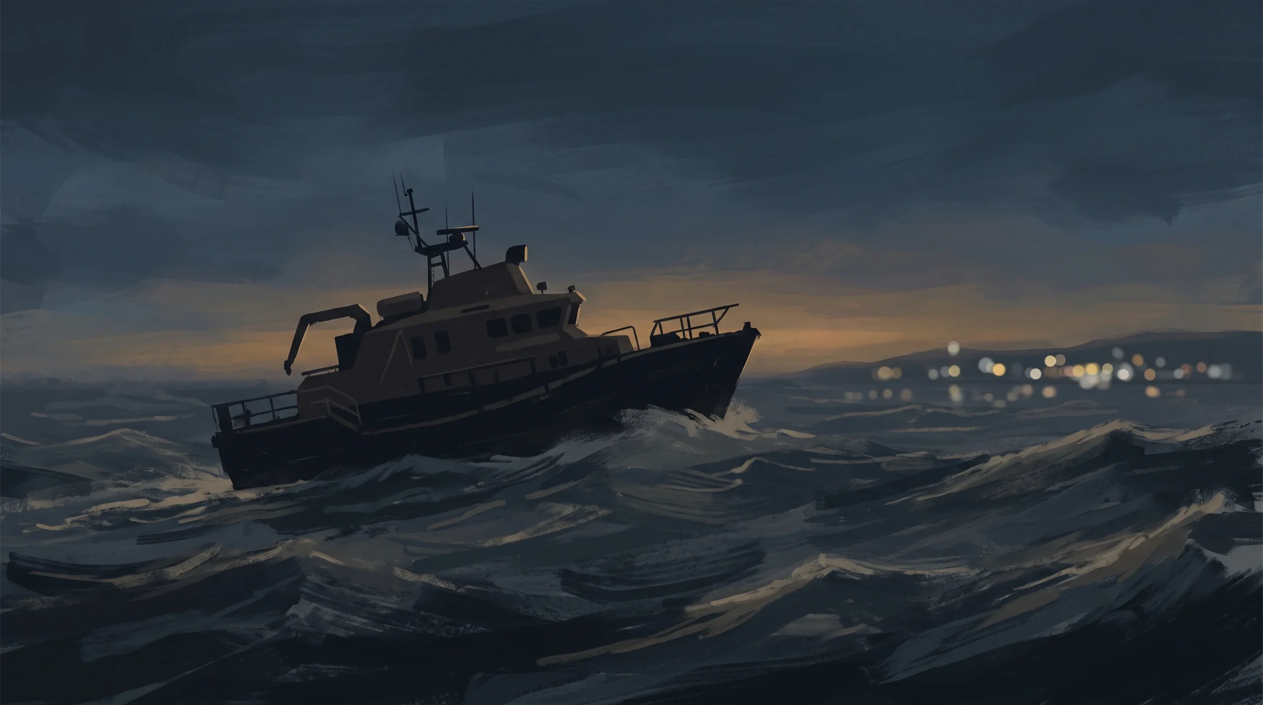 Conceptual illustration of a rescue vessel at sea near a distant harbour.