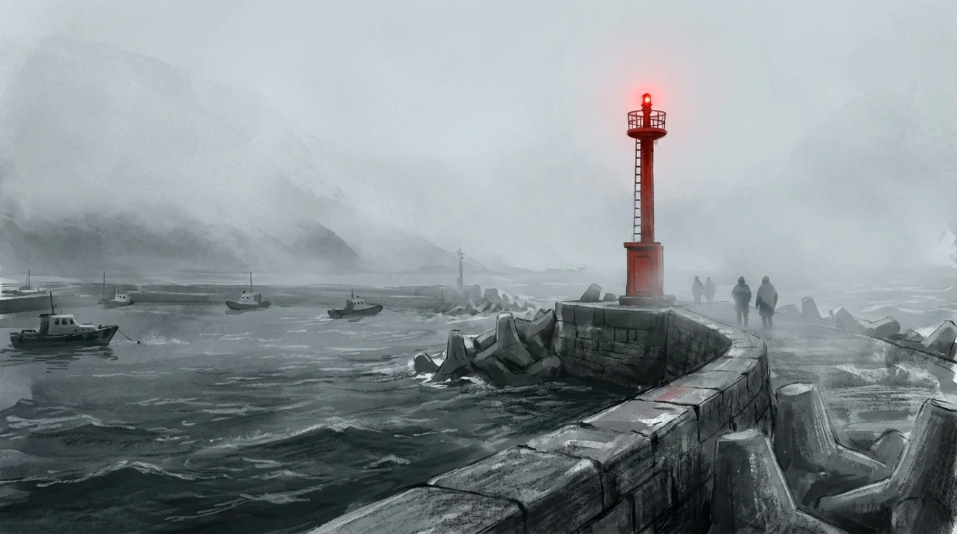 A conceptual image of a harbour entrance with a red light.