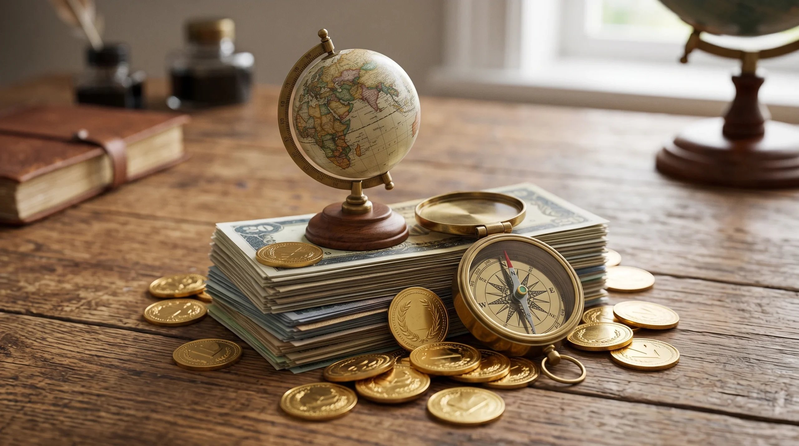 Conceptual image of a globe and coins representing retirement travel and financial planning.