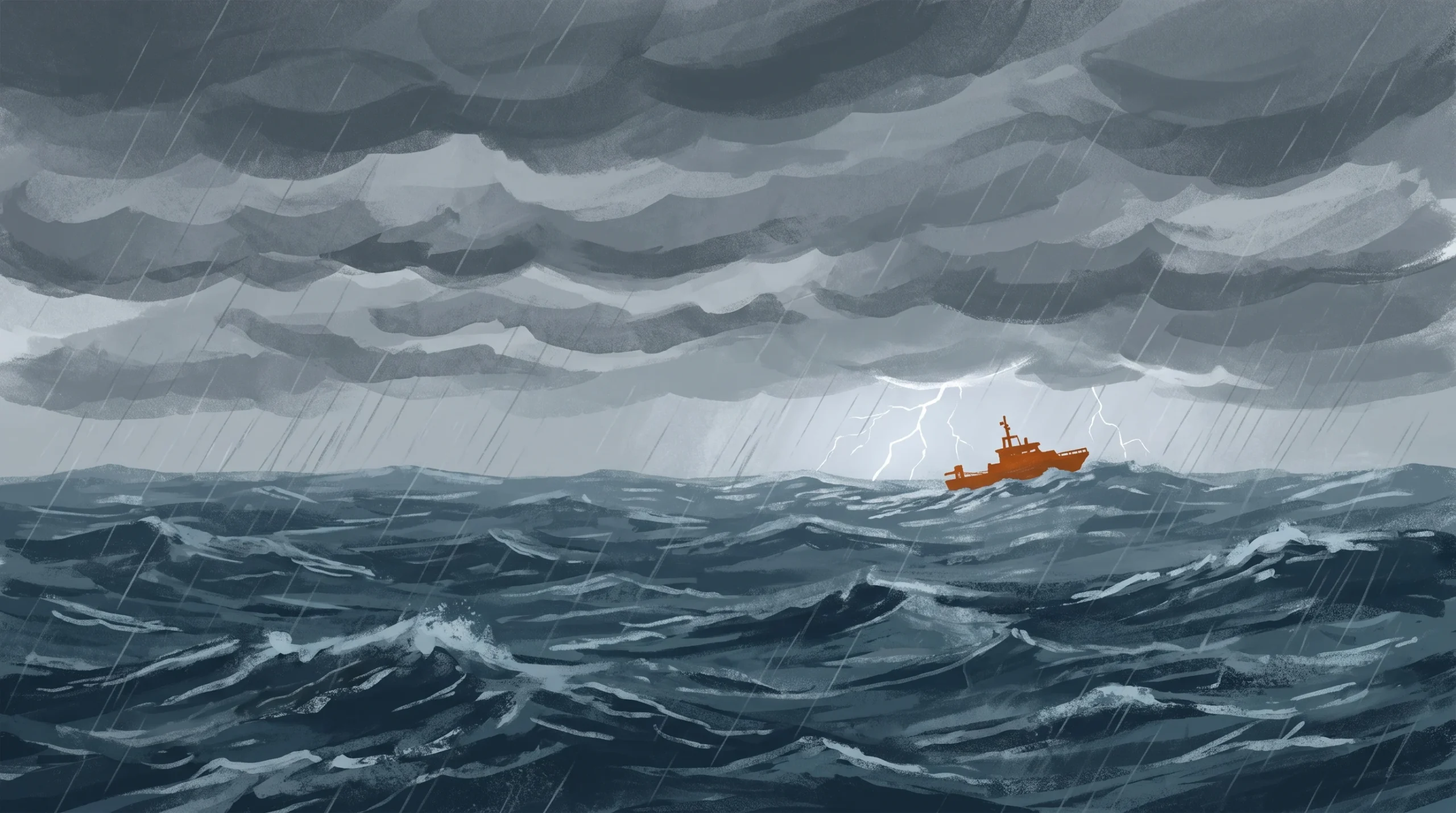 A silhouette of a rescue boat on a stormy sea at dusk.