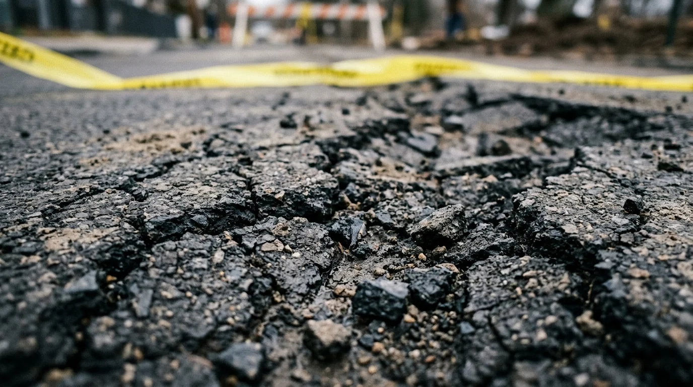 Conceptual image of cracked pavement and safety cordons.