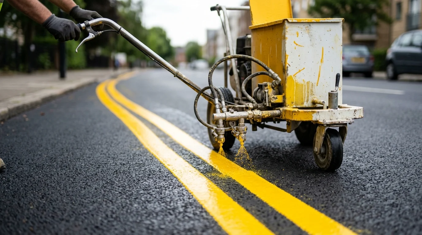 A conceptual close-up of double yellow lines on a road.