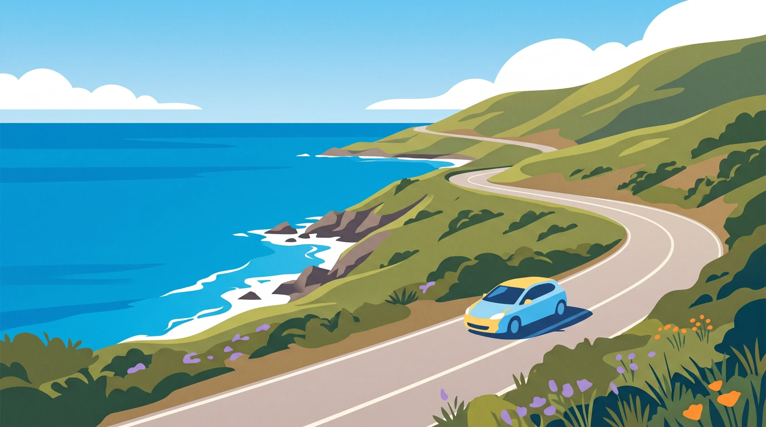 An illustration of a small car on a winding road.
