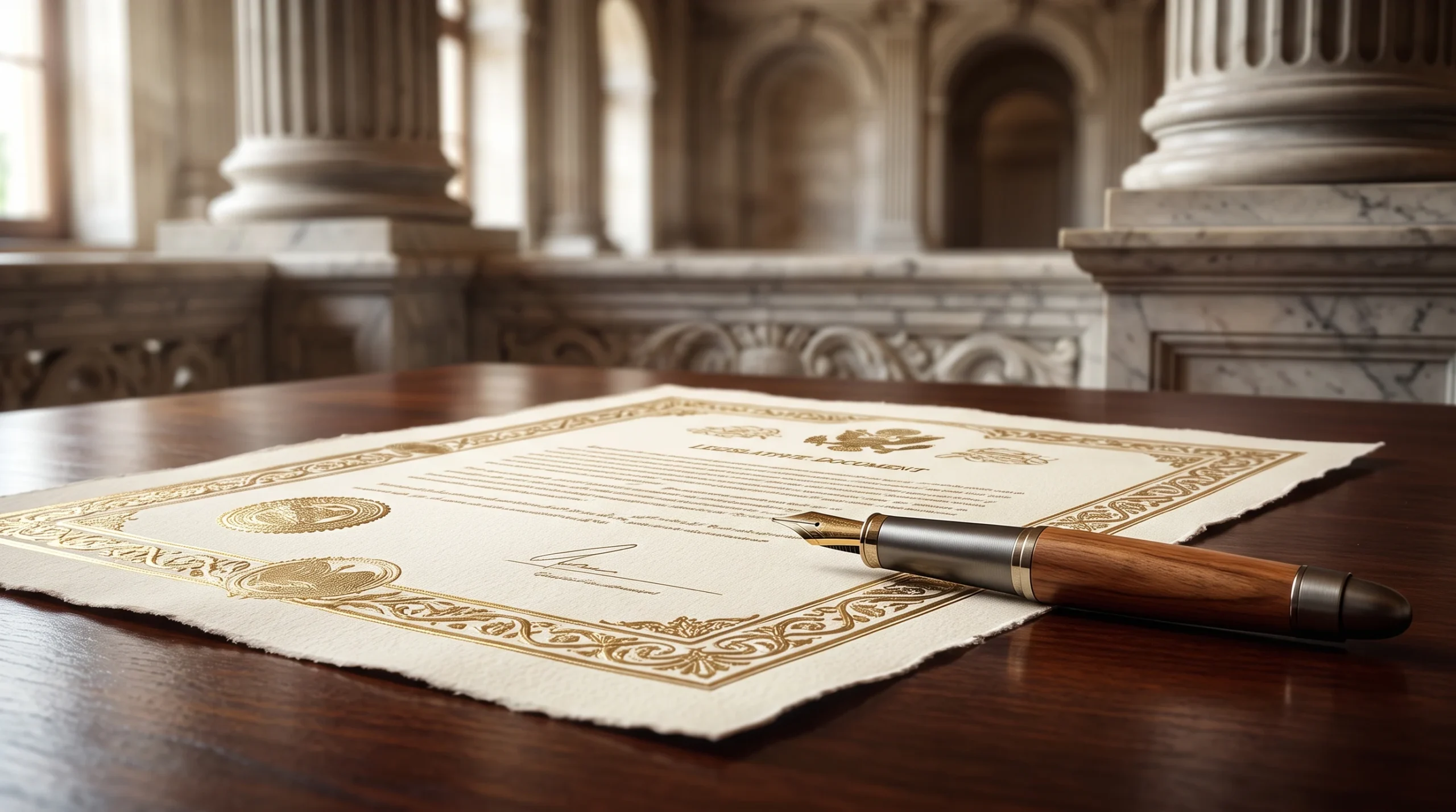 A conceptual illustration of a legislative document on a desk.