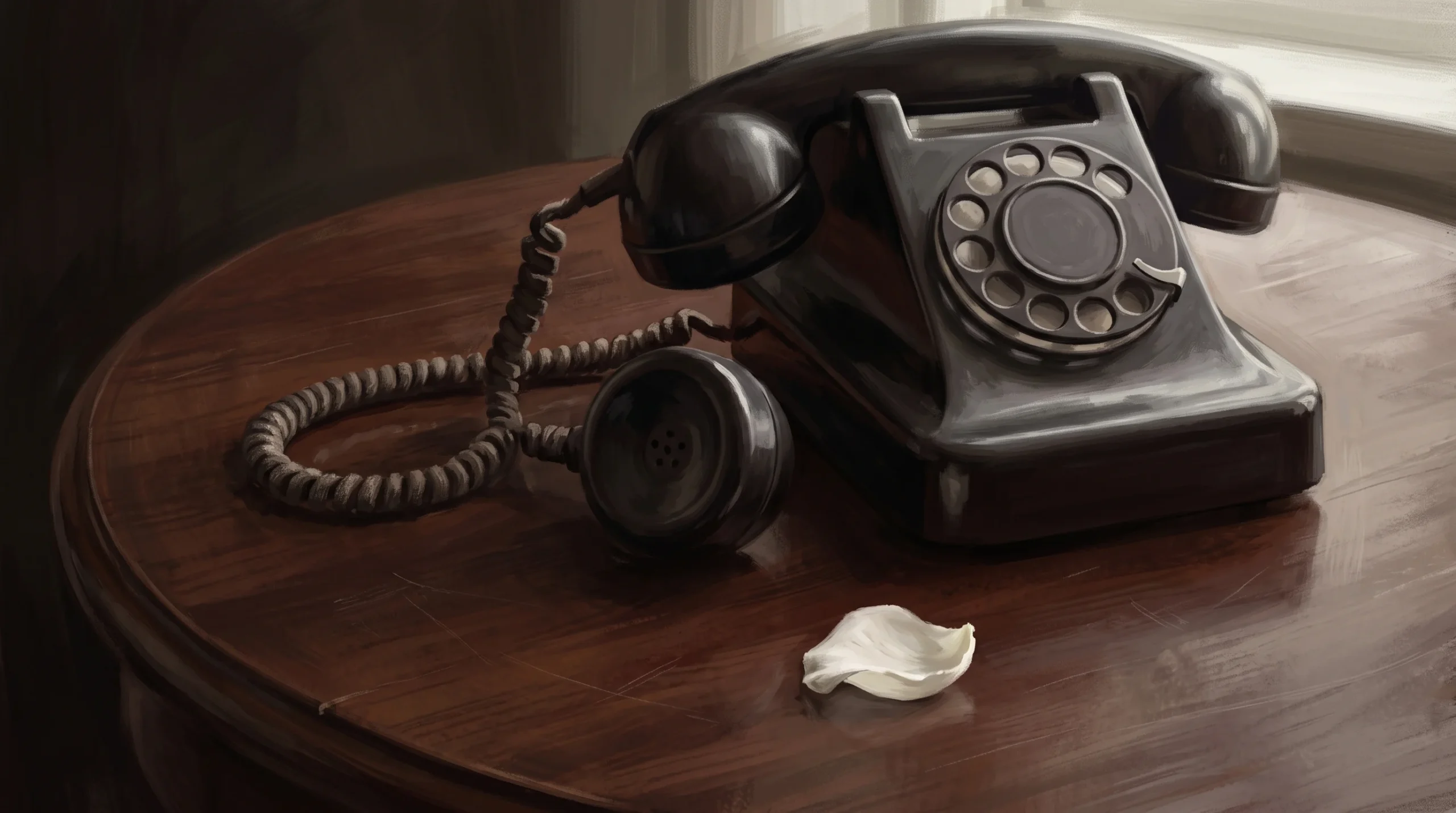 A conceptual illustration of a telephone off the hook and a rose petal on a dark table.